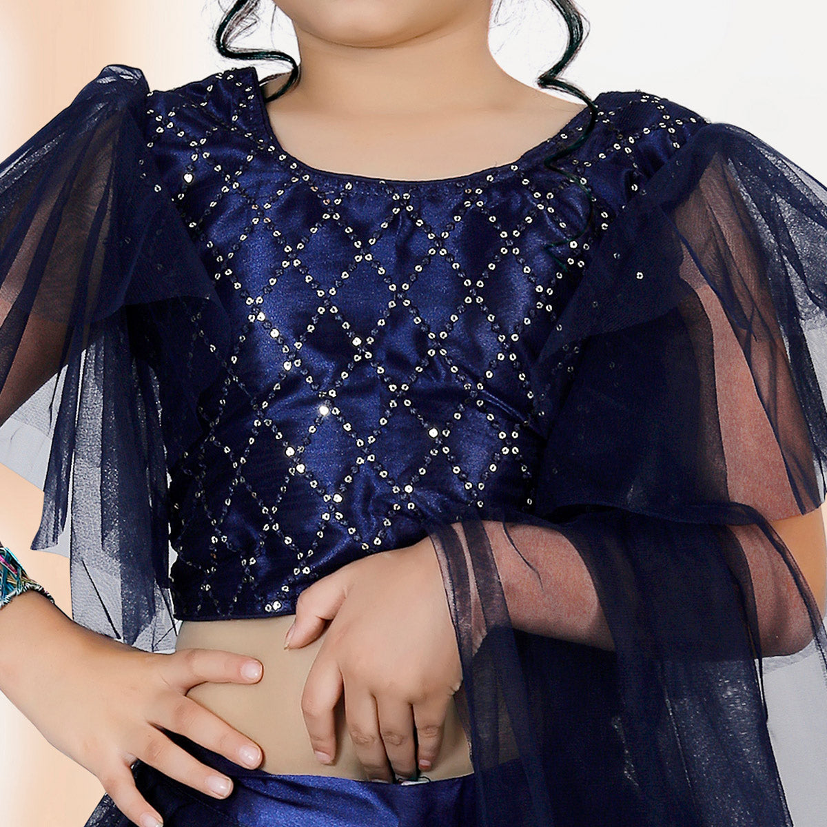 Navy Blue Embroidered Net Lehenga Choli For Kids