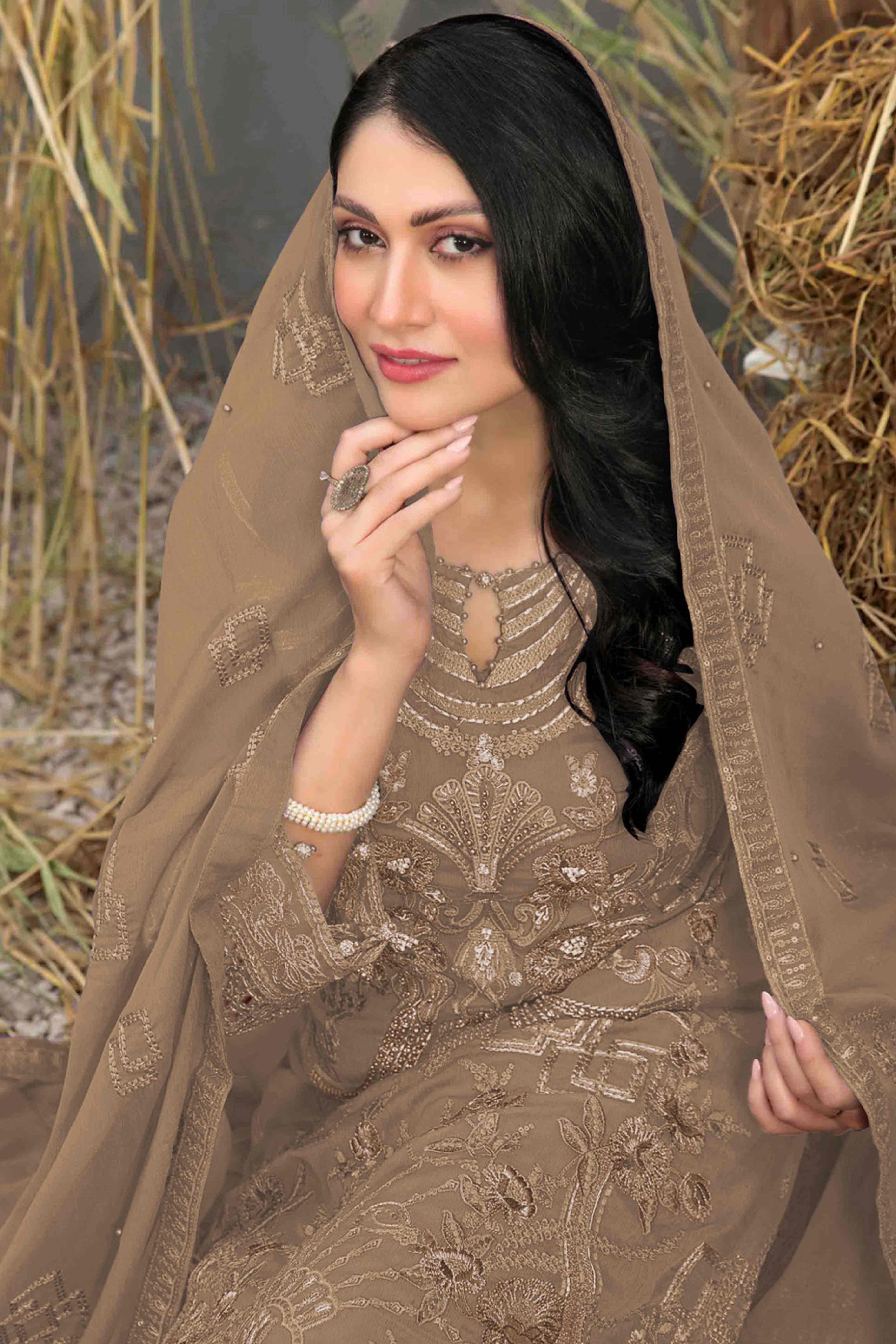 Brown Floral Embroidered Heavy Georgette Dress Material