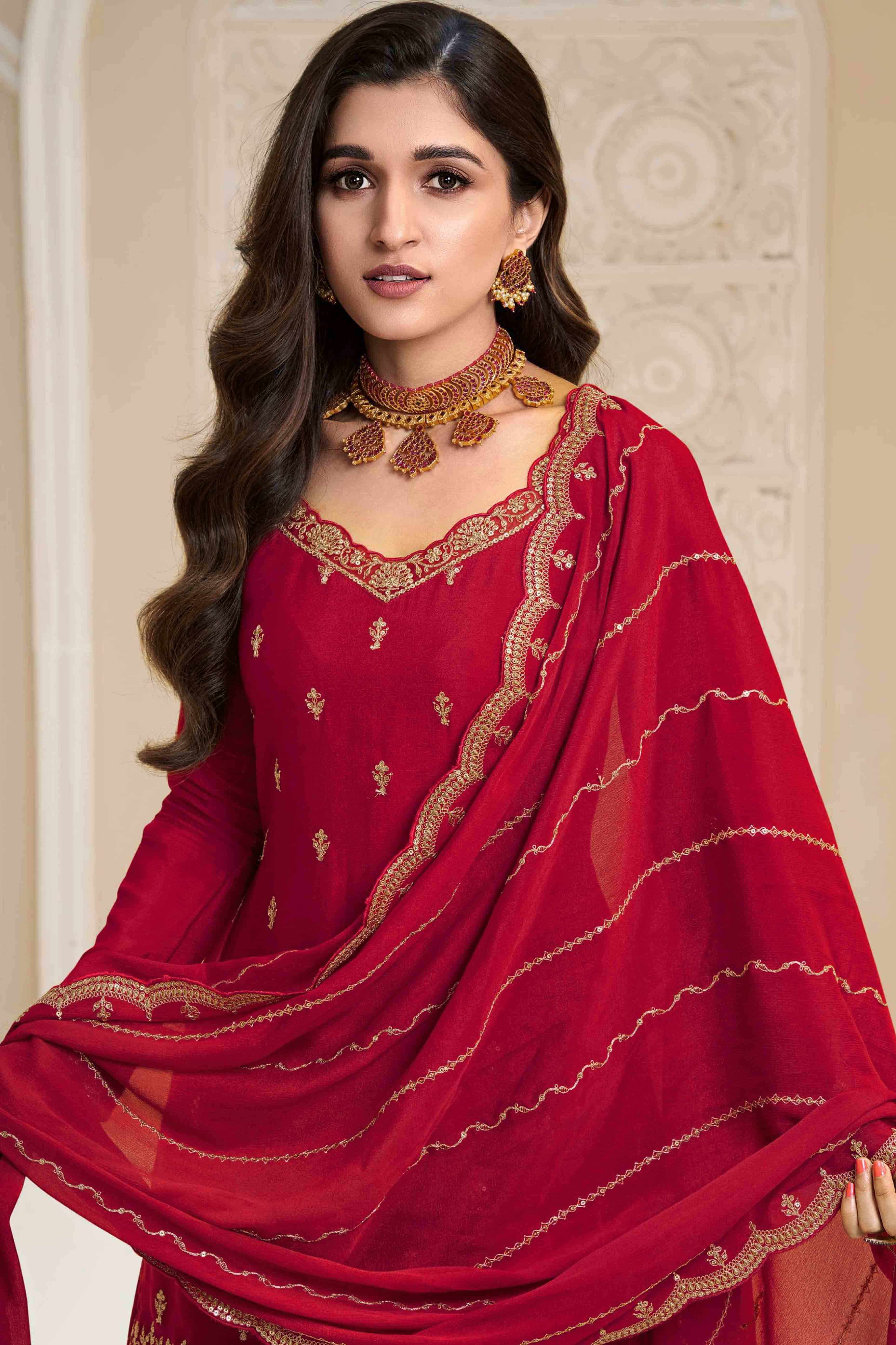 Red Floral Sequins Embroidered Chinon Palazzo Suit