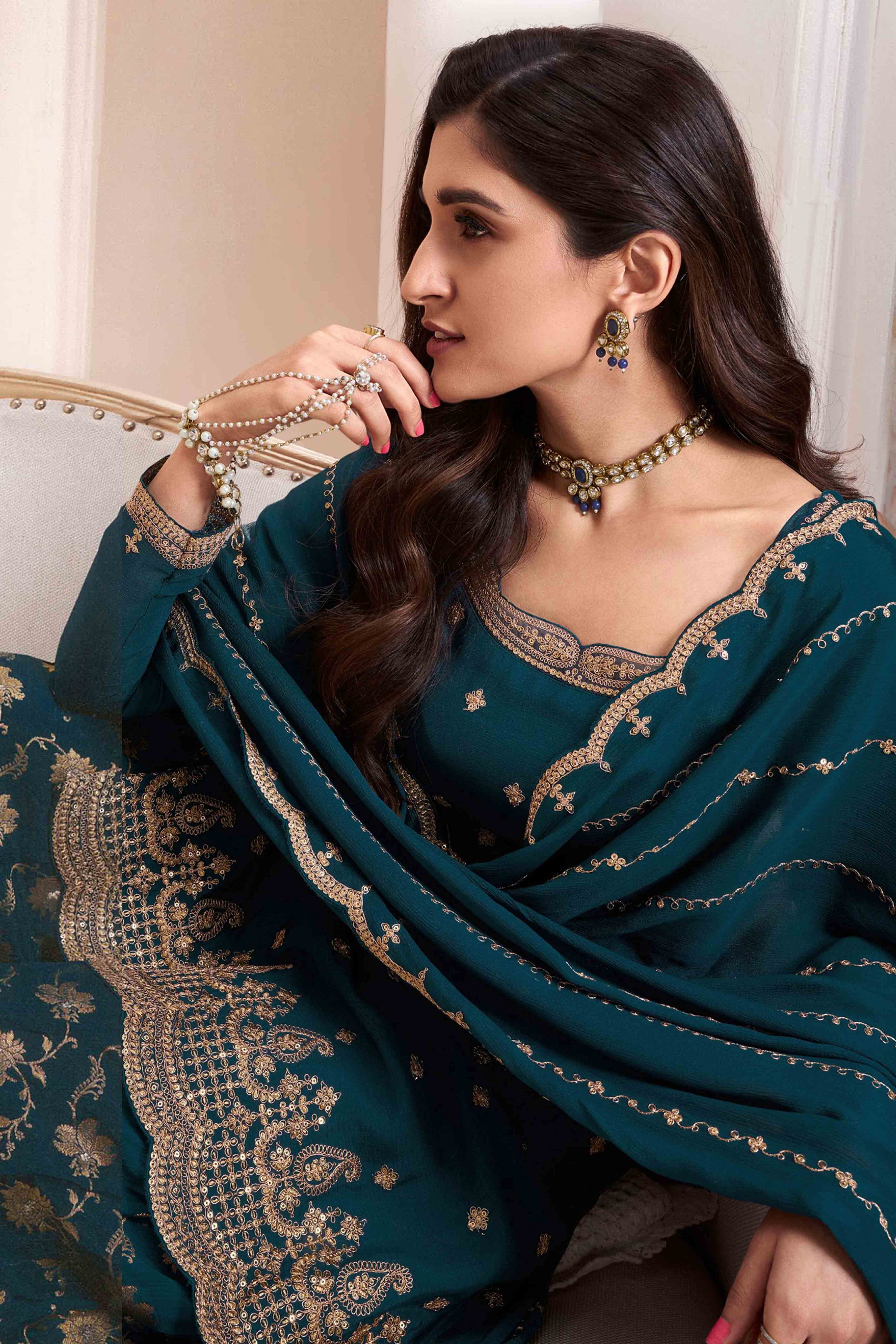 Dark Teal Floral Sequins Embroidered Chinon Palazzo Suit