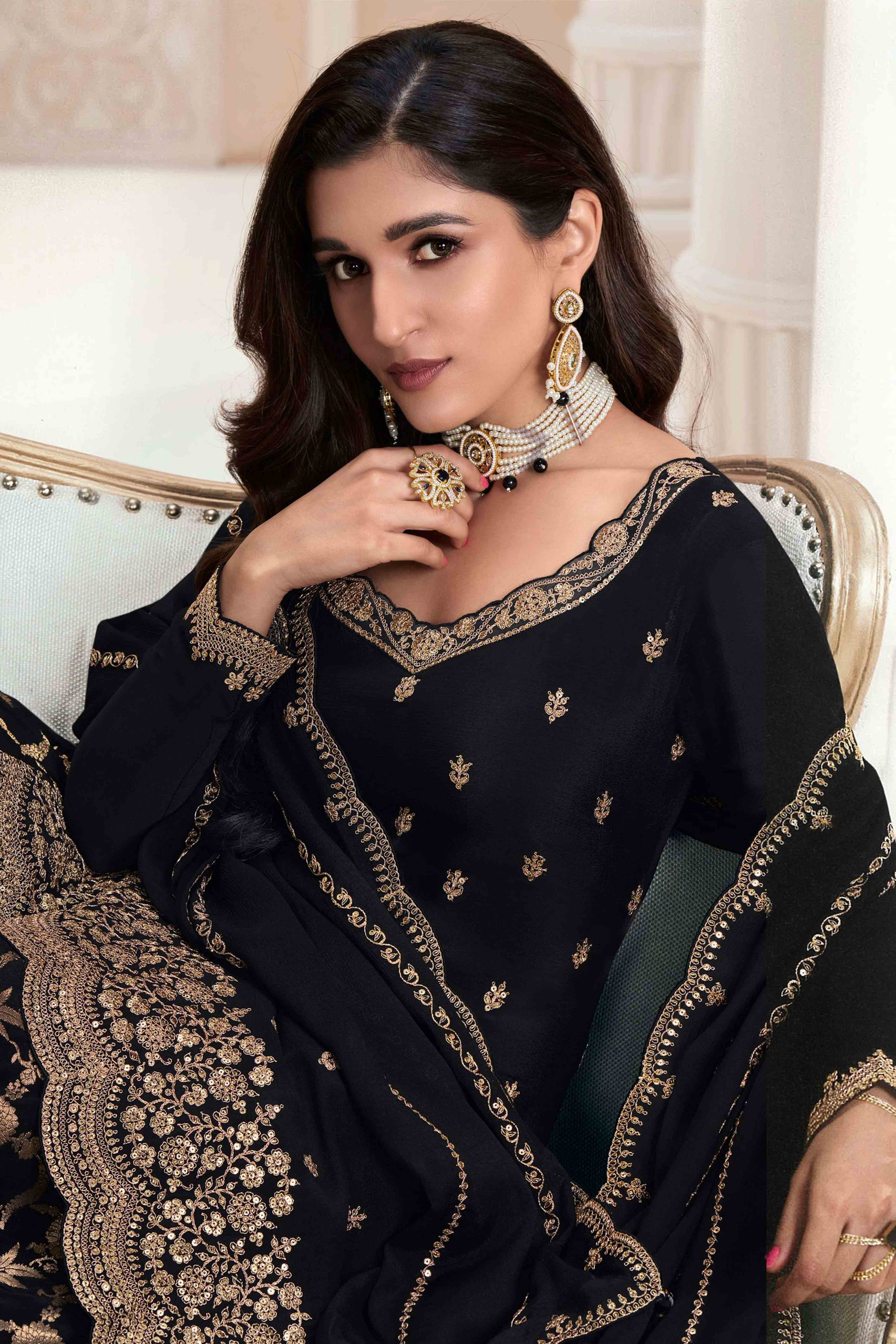 Black Floral Sequins Embroidered Chinon Palazzo Suit