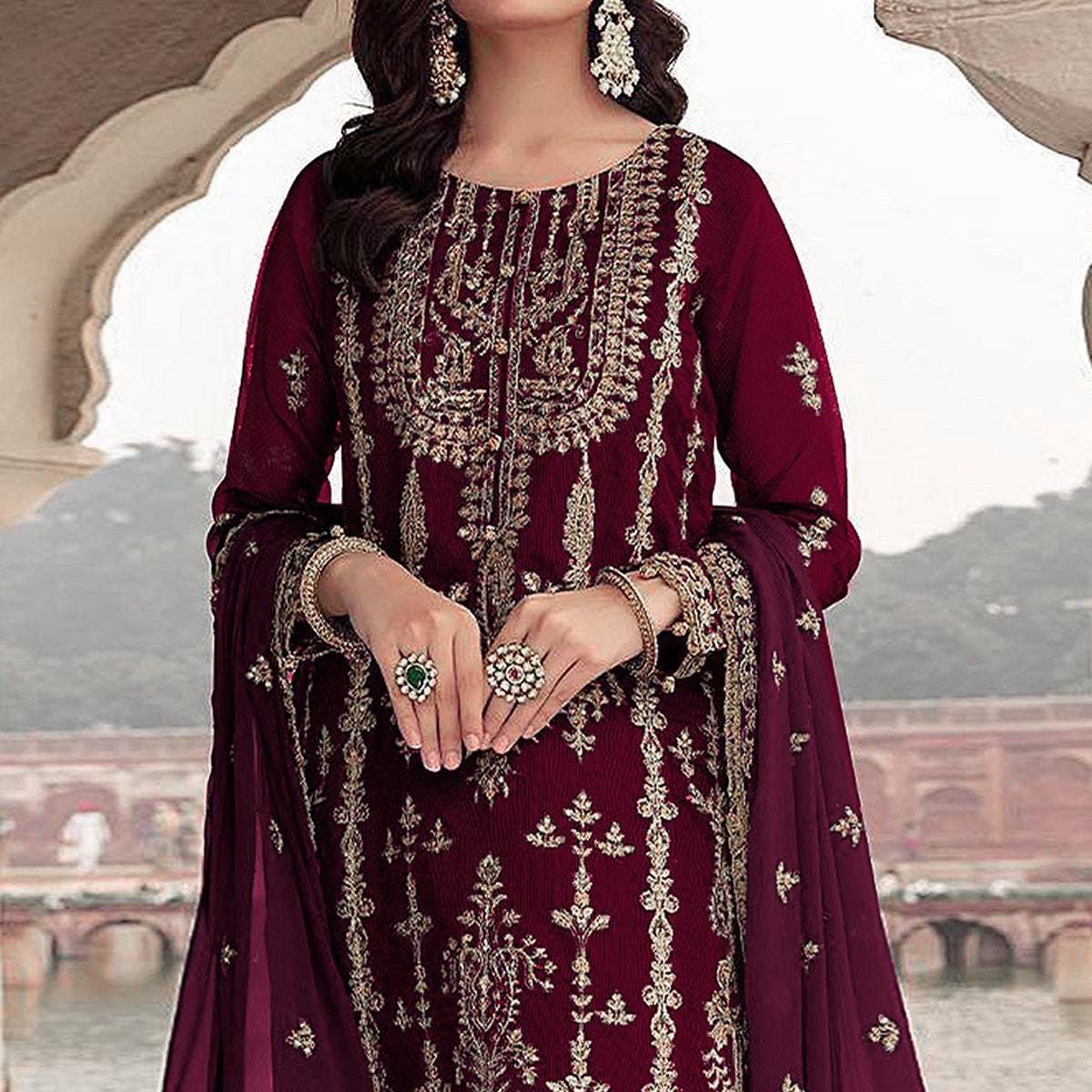 Maroon Floral Sequins Embroidered Georgette Semi Stitched Suit