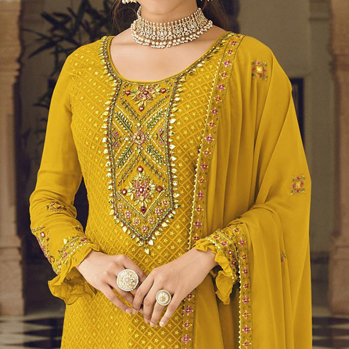 Mustard Sequins Embroidered Georgette Semi Stitched Salwar Suit