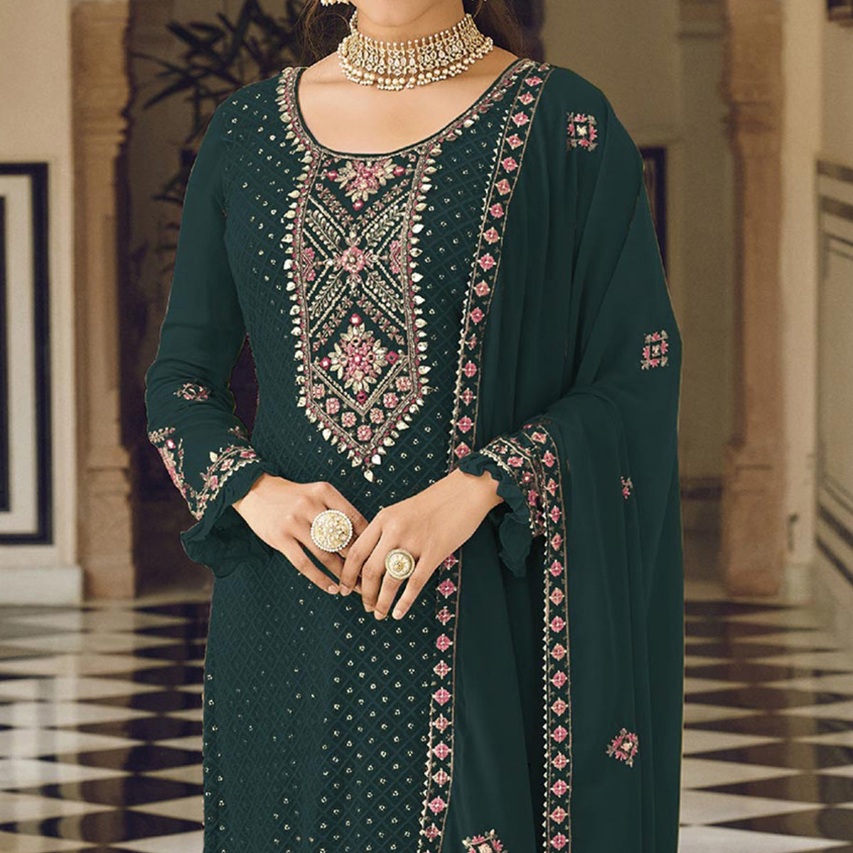 Dark Green Sequins Embroidered Georgette Semi Stitched Salwar Suit