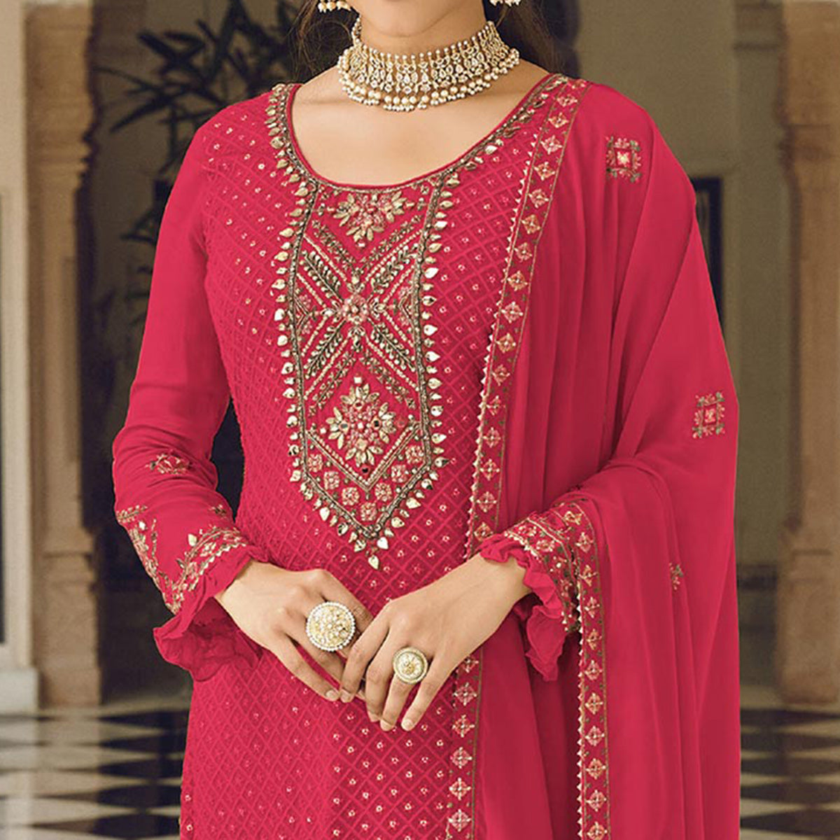 Pink Sequins Embroidered Georgette Semi Stitched Salwar Suit