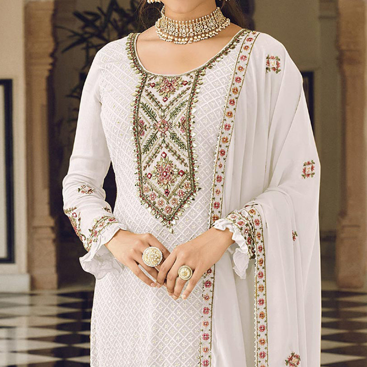 White Sequins Embroidered Georgette Semi Stitched Salwar Suit