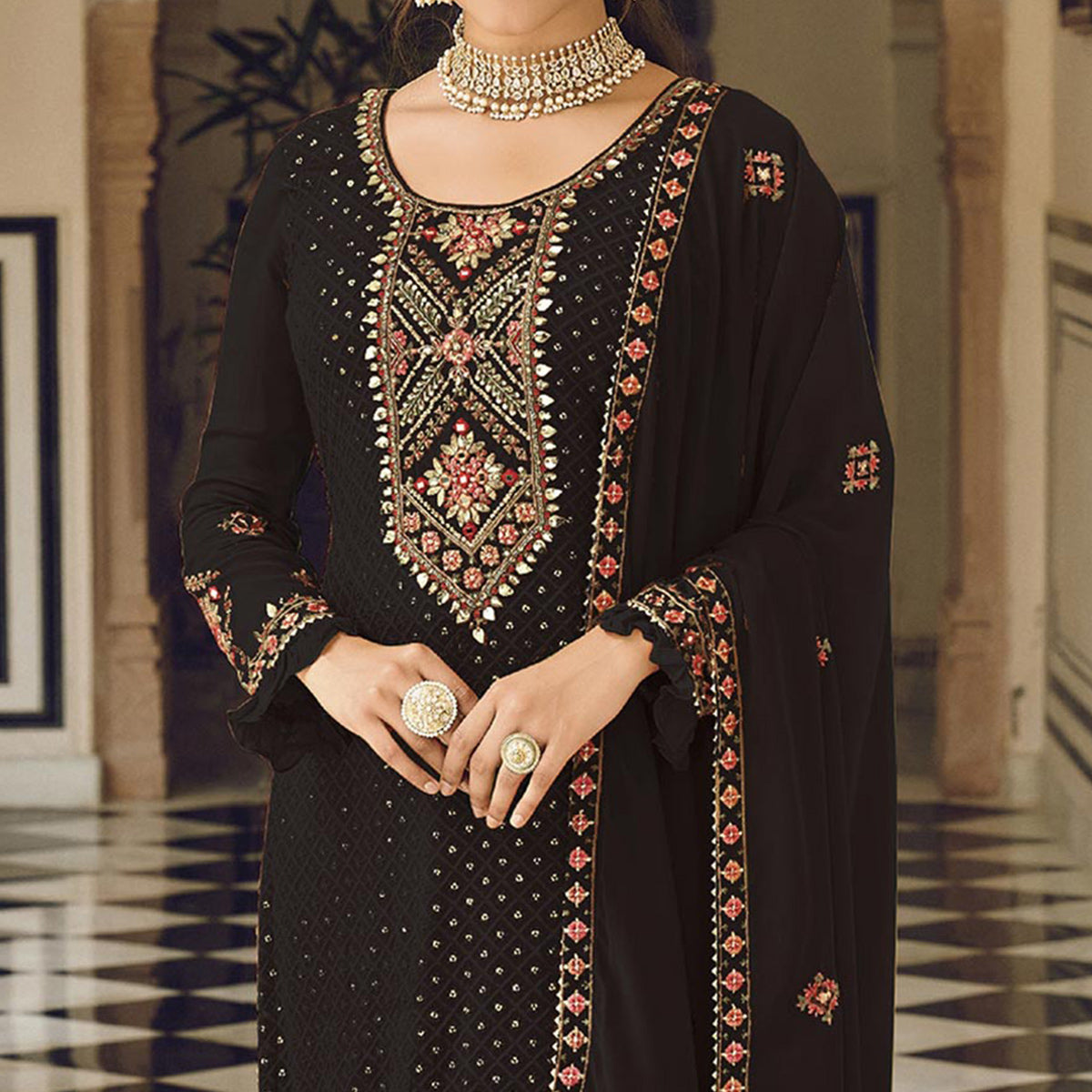 Black Sequins Embroidered Georgette Semi Stitched Salwar Suit