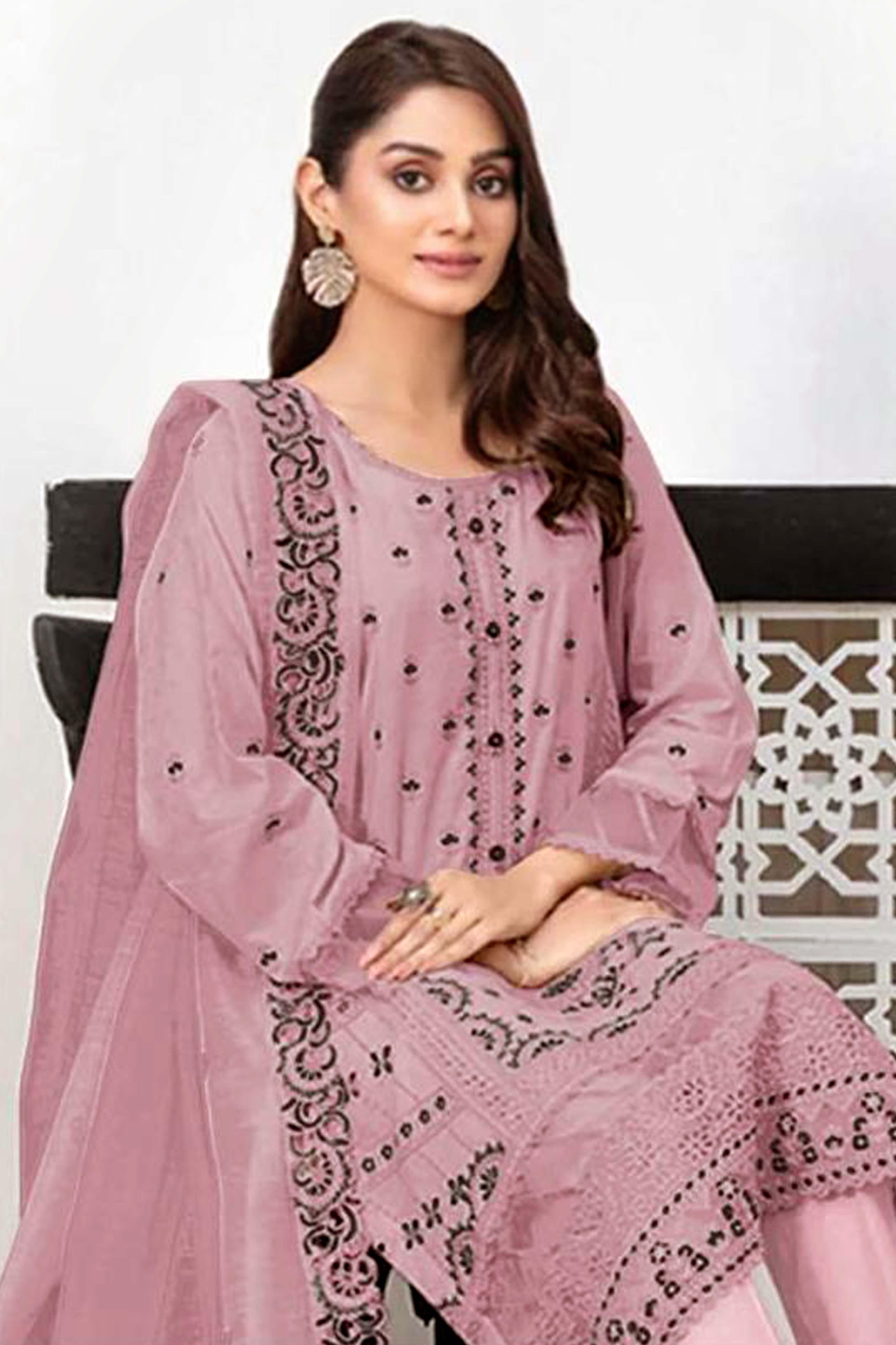 Dusty Pink Heavy Embroidered Work Georgette Dress Material