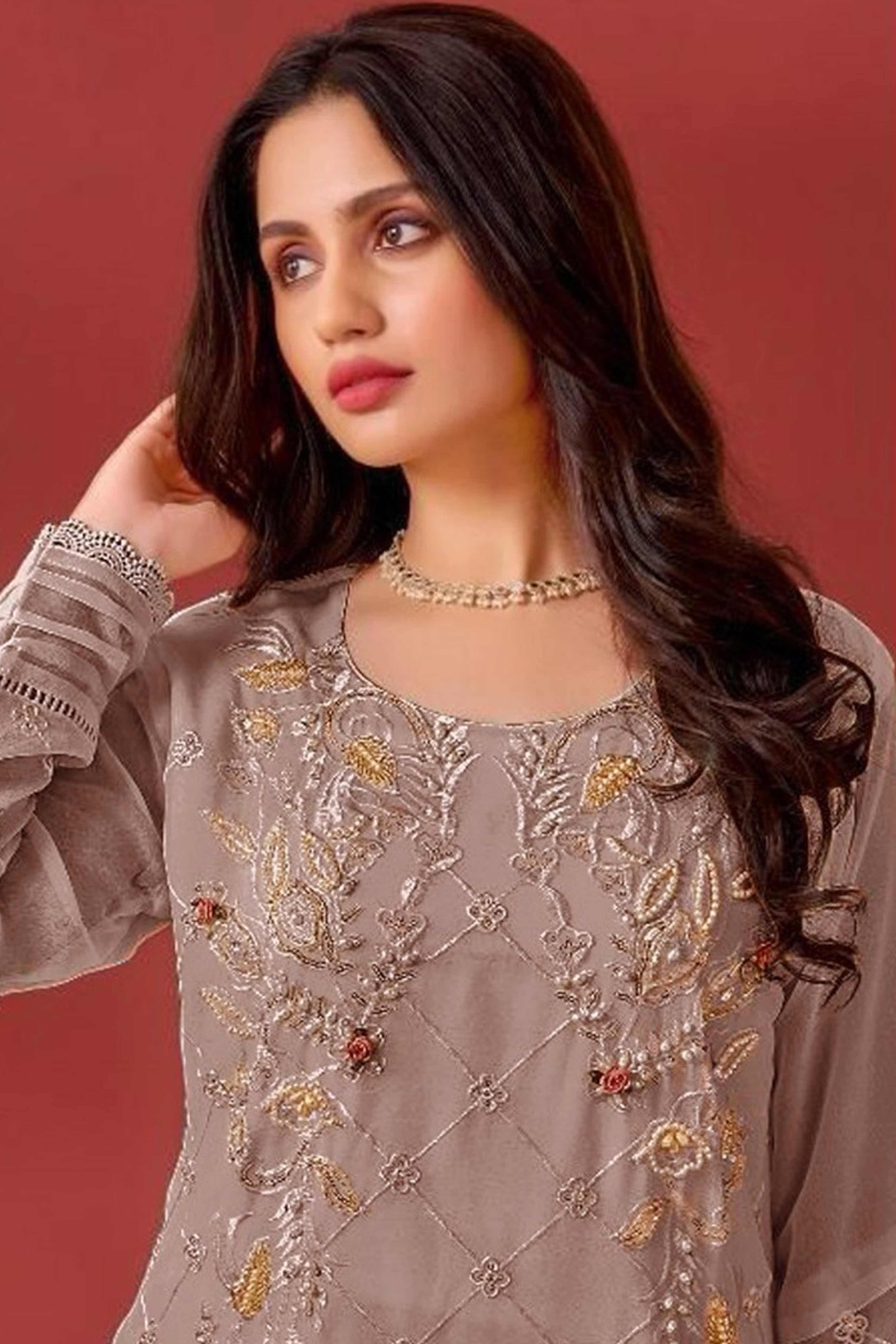 Brown Heavy Embroidered Work Georgette Dress Material