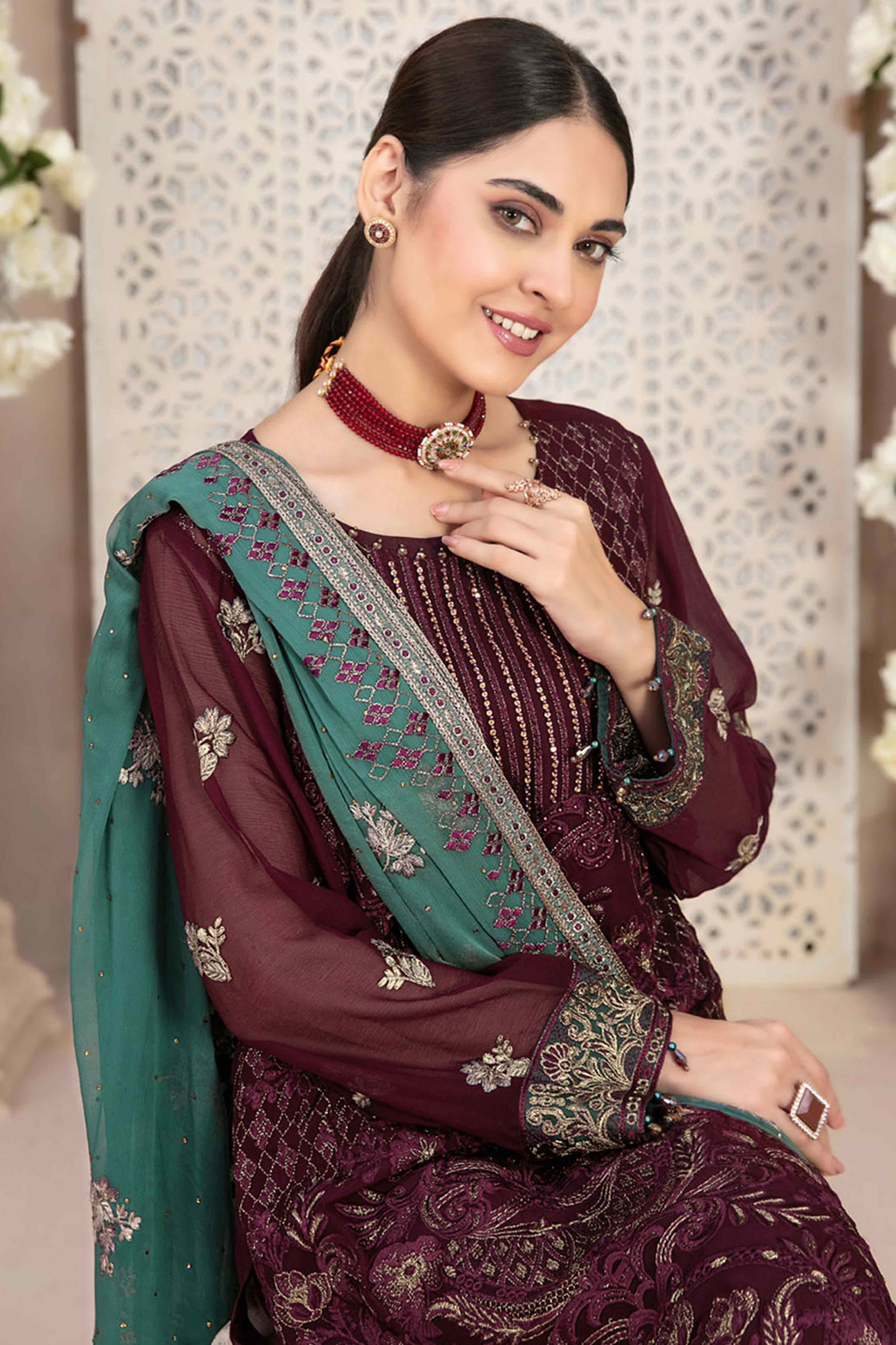 Wine Floral Embroidered Georgette Dress Material
