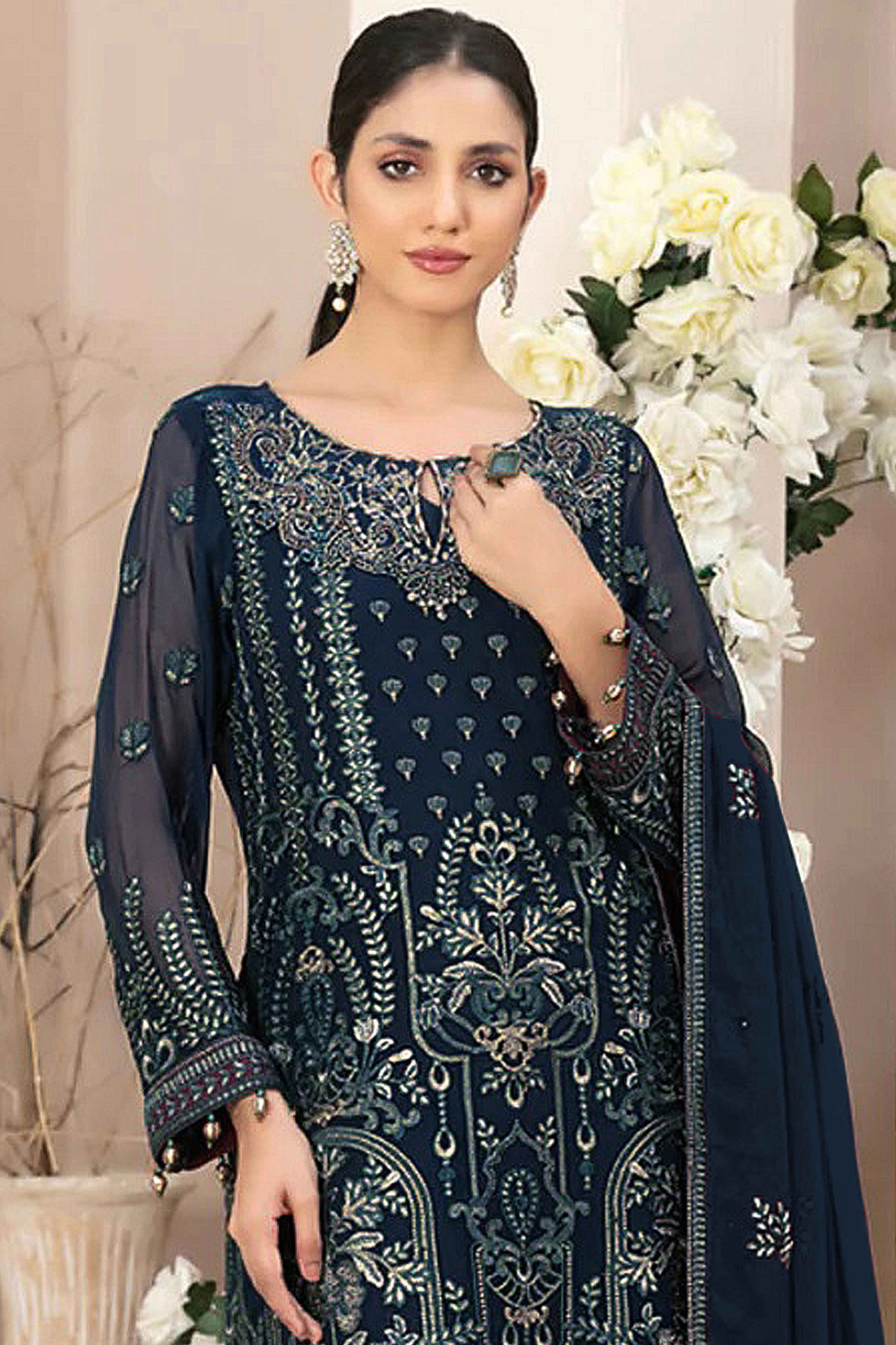 Dark Teal Floral Embroidered Georgette Dress Material