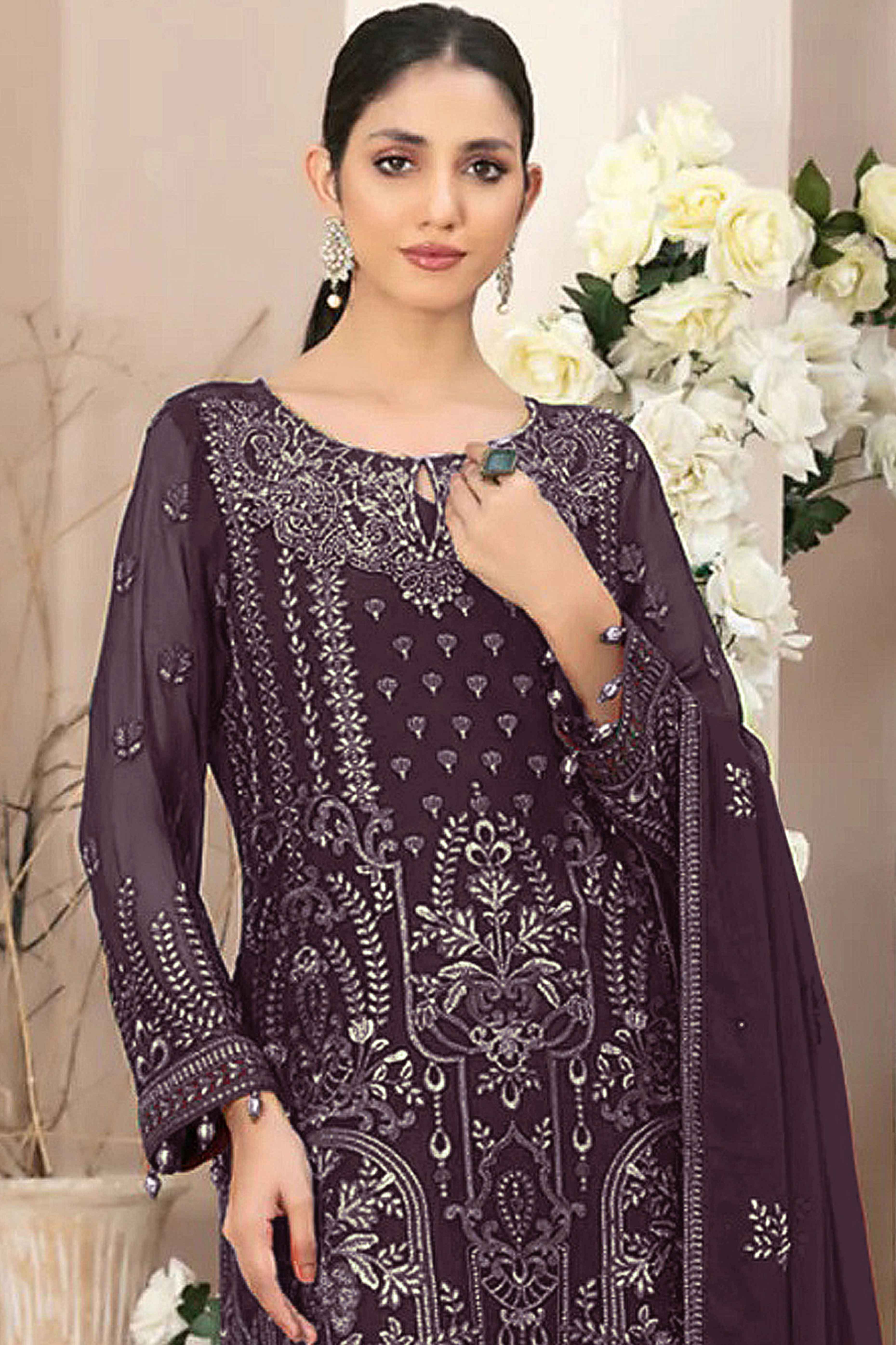Wine Floral Embroidered Georgette Dress Material