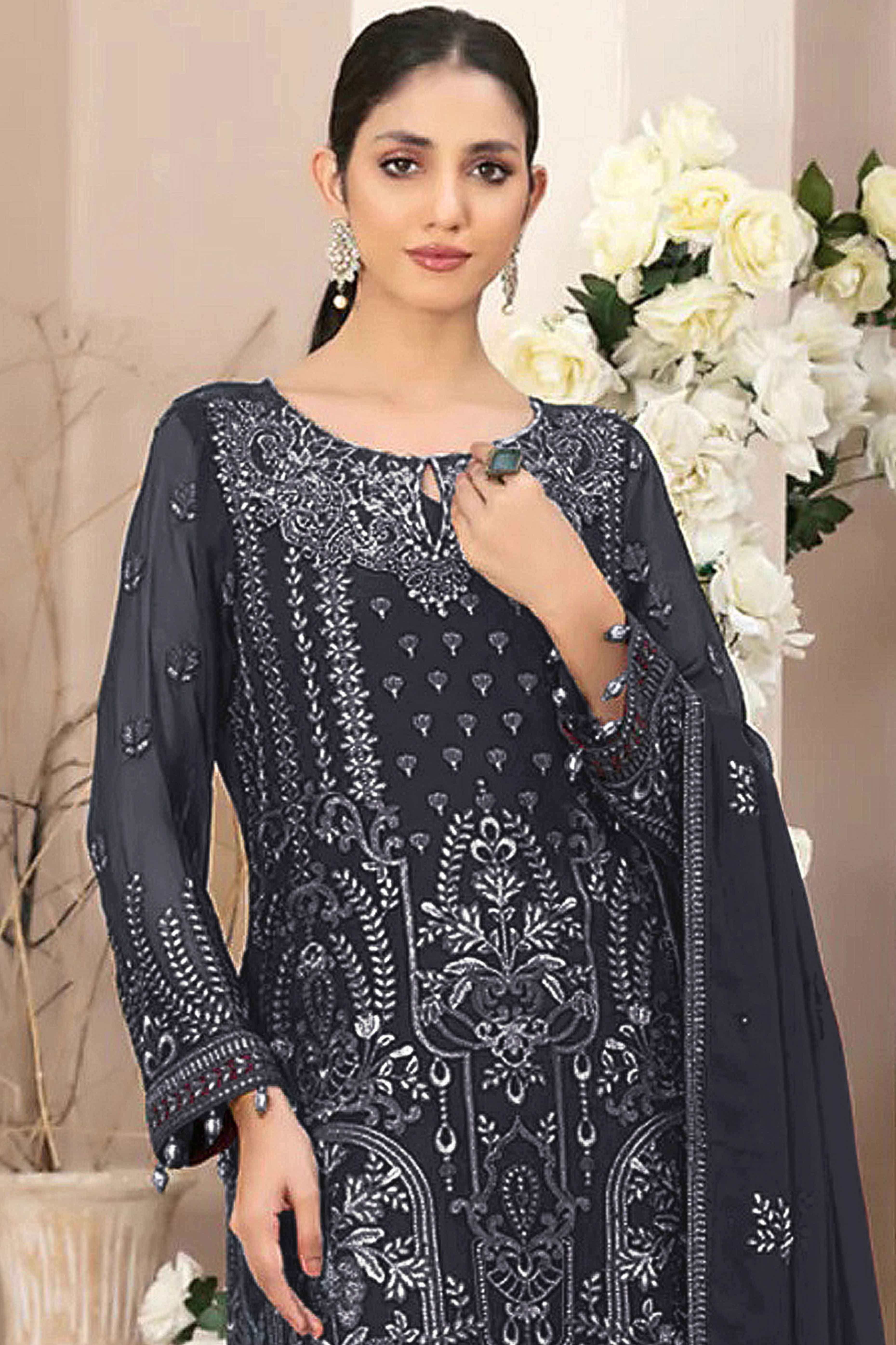 Dark Grey Floral Embroidered Georgette Dress Material