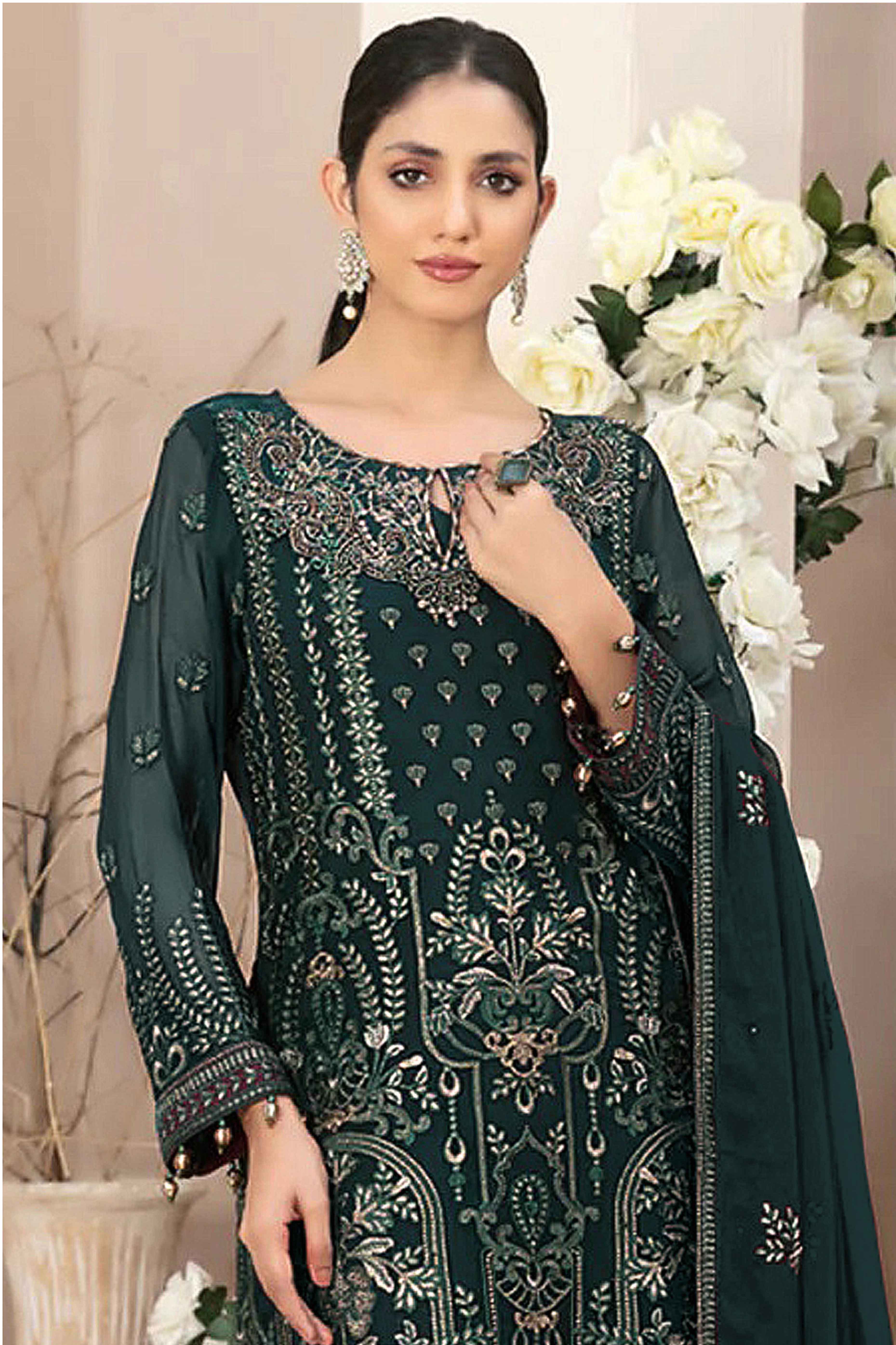 Morpich Green Floral Embroidered Georgette Dress Material