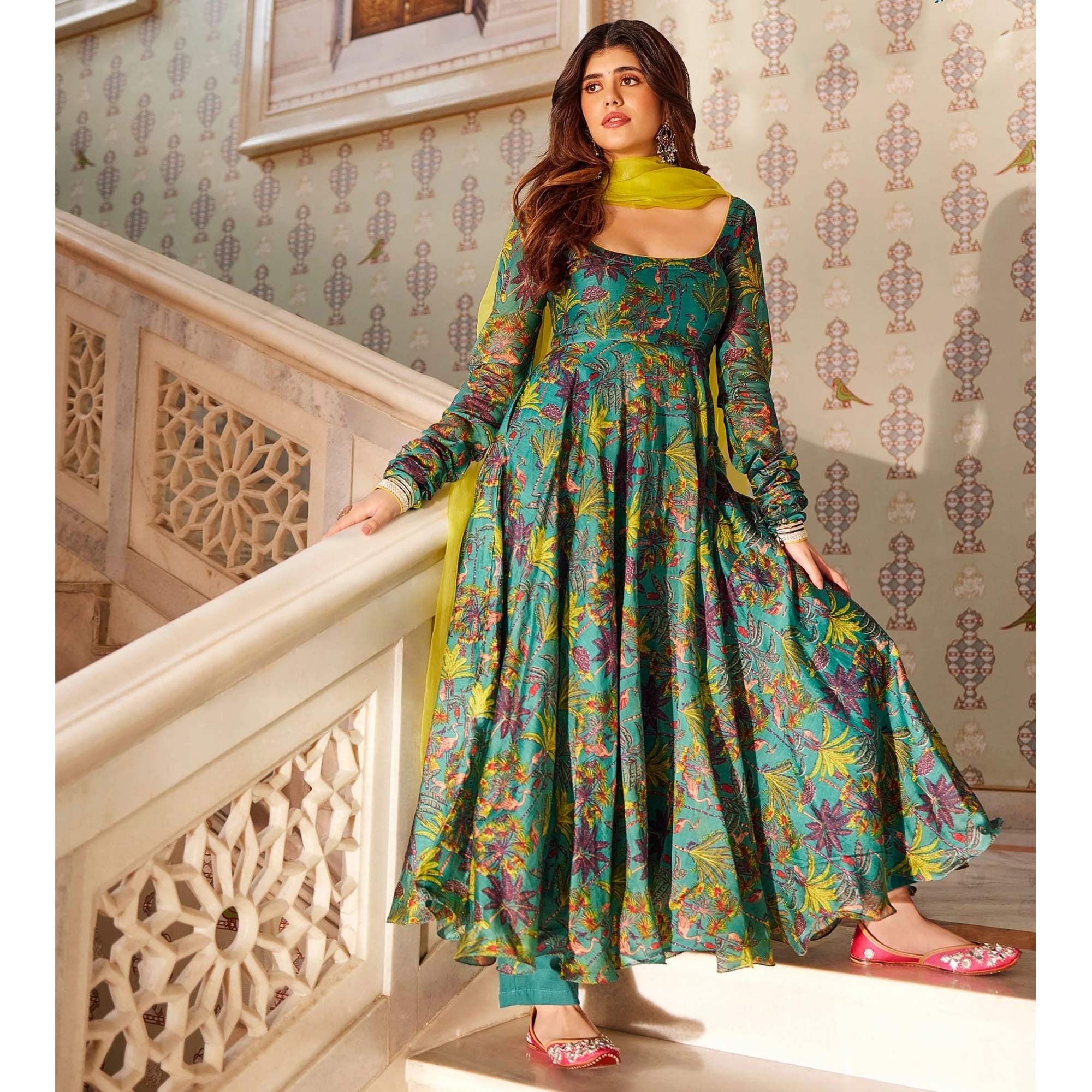 Rama Green Floral Digital Printed Chanderi Anarkali Style Suit