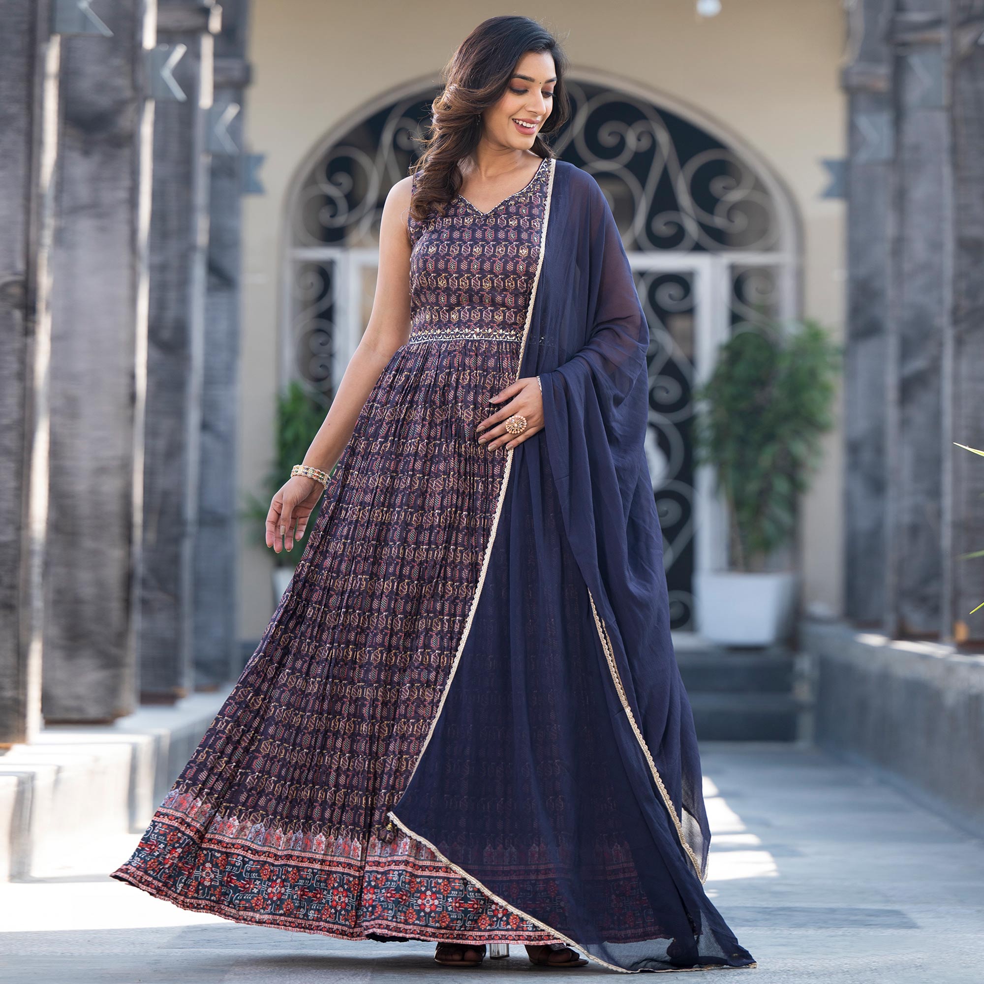 Blue Printed Dola Silk Anarkali Style Gown With Mirror Work