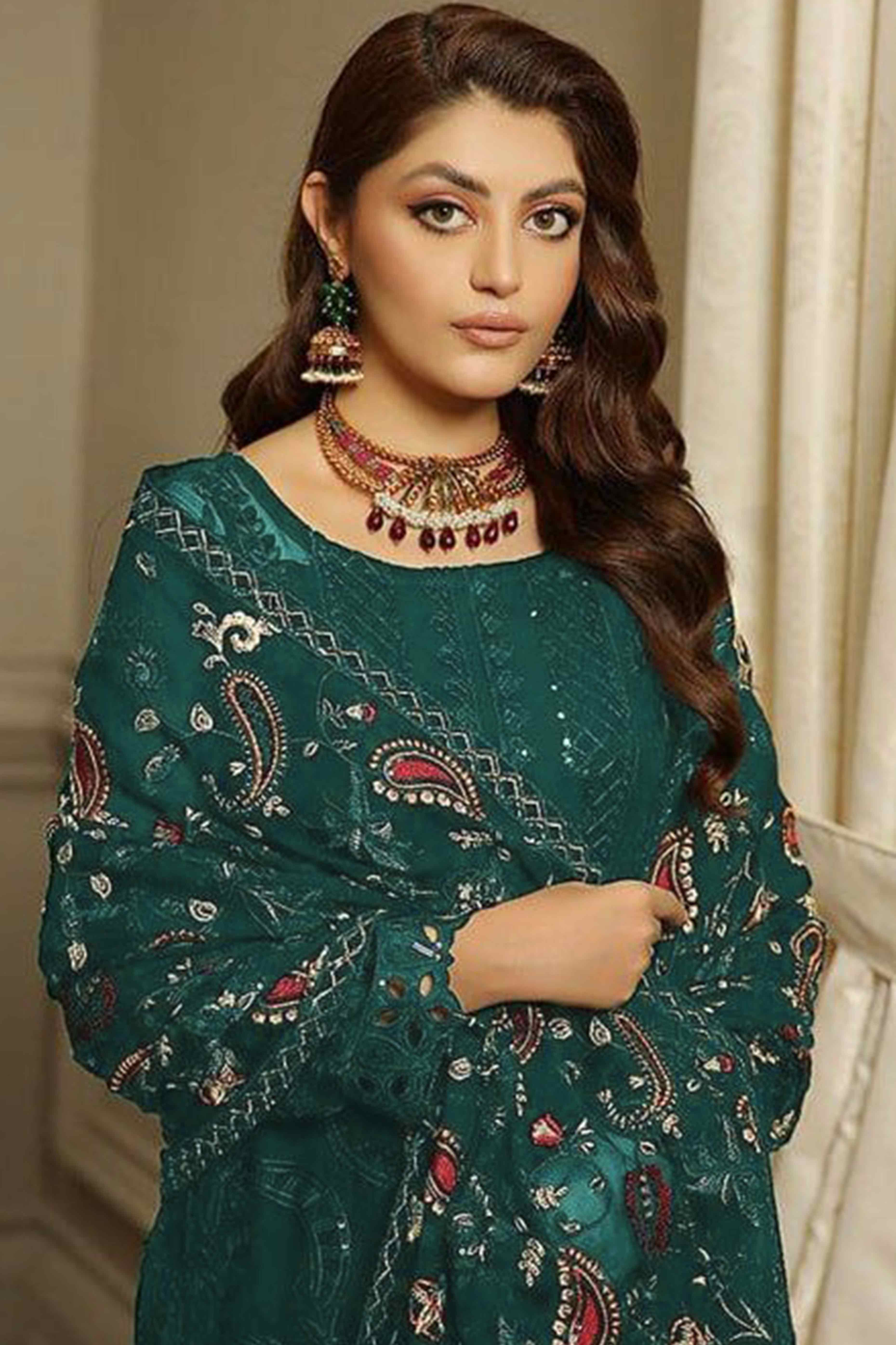 Green Heavy Embroidered Work Georgette Dress Material