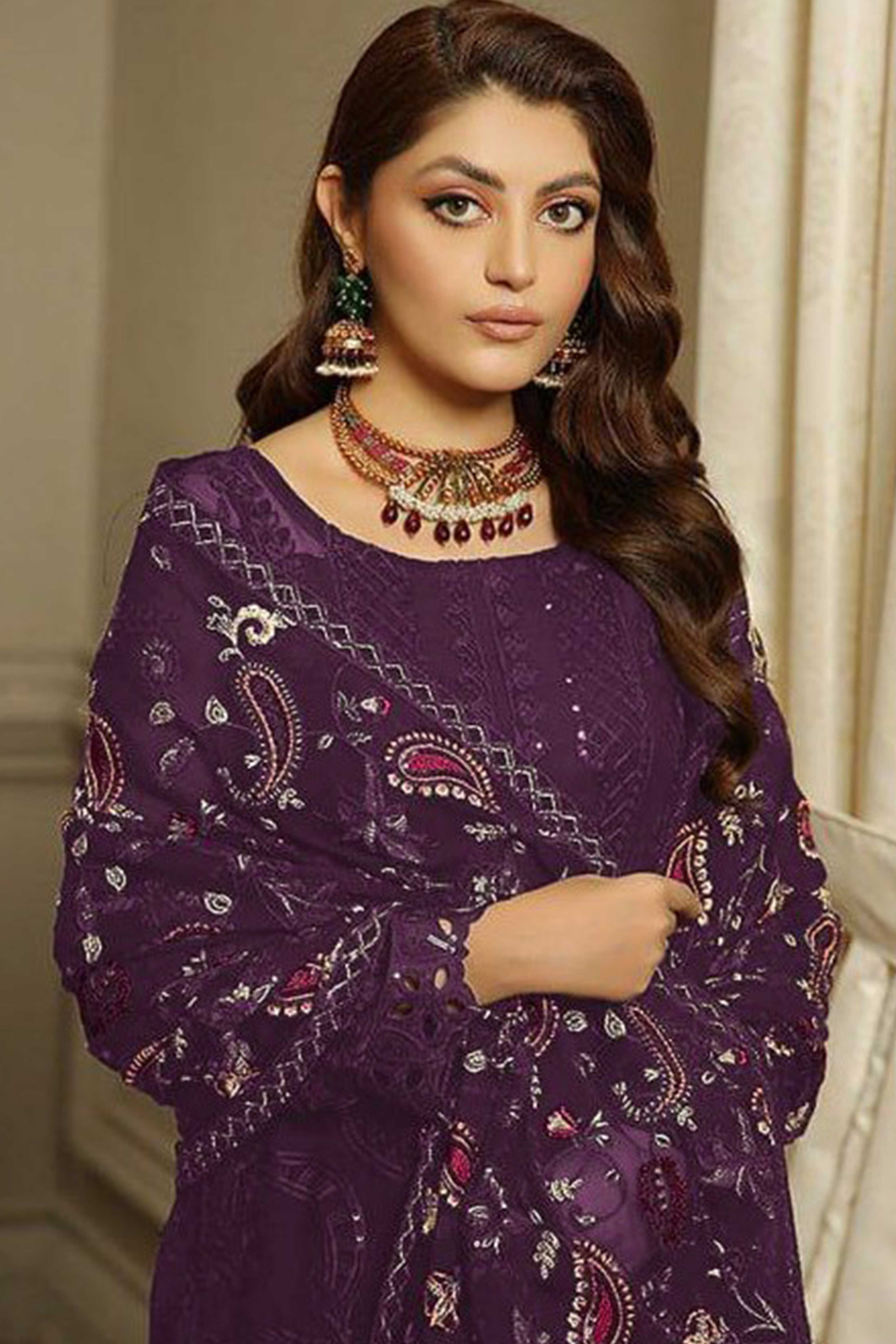 Purple Heavy Embroidered Work Georgette Dress Material