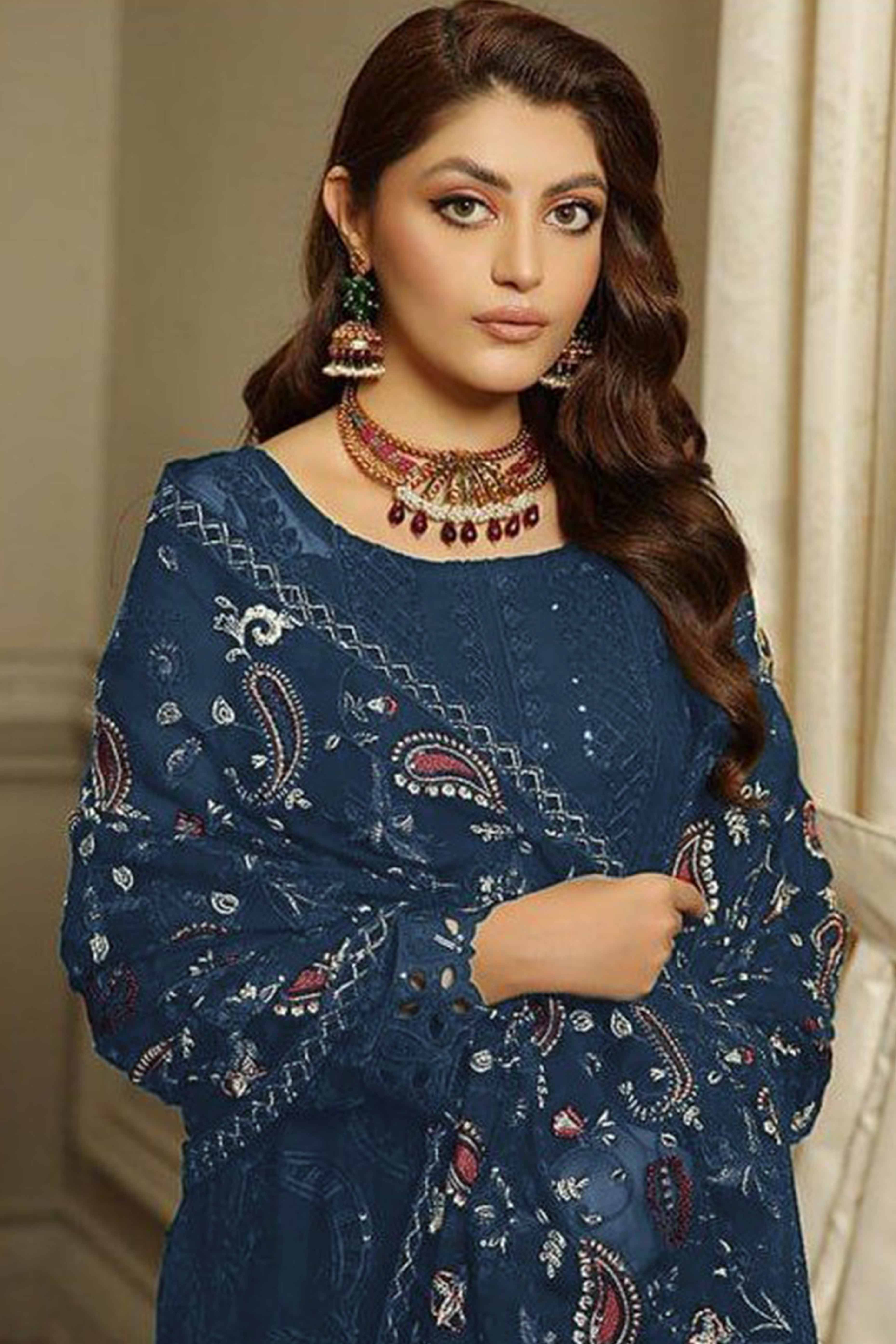 Teal Heavy Embroidered Work Georgette Dress Material