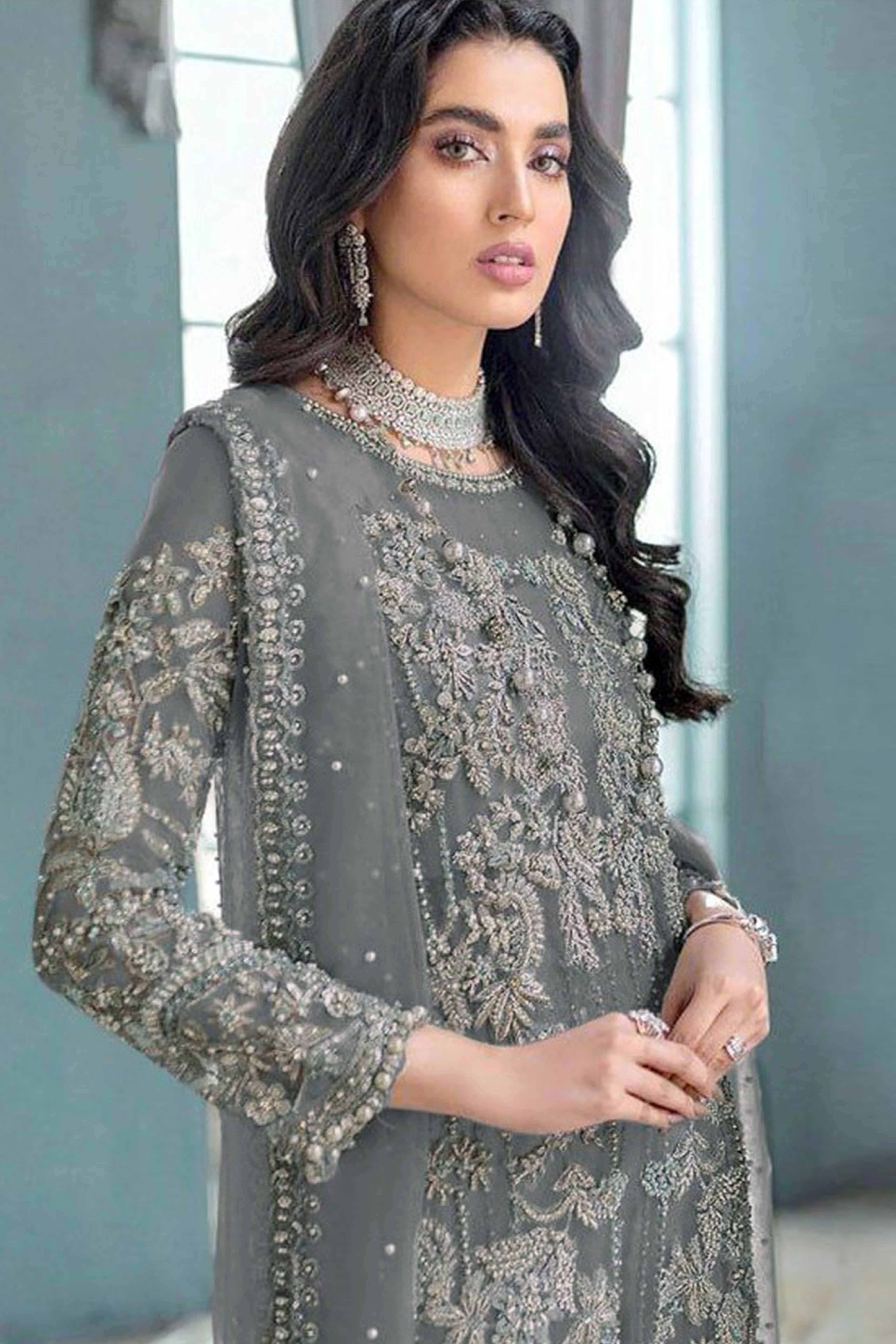 Grey Sequins Embroidered Work Net Dress Material