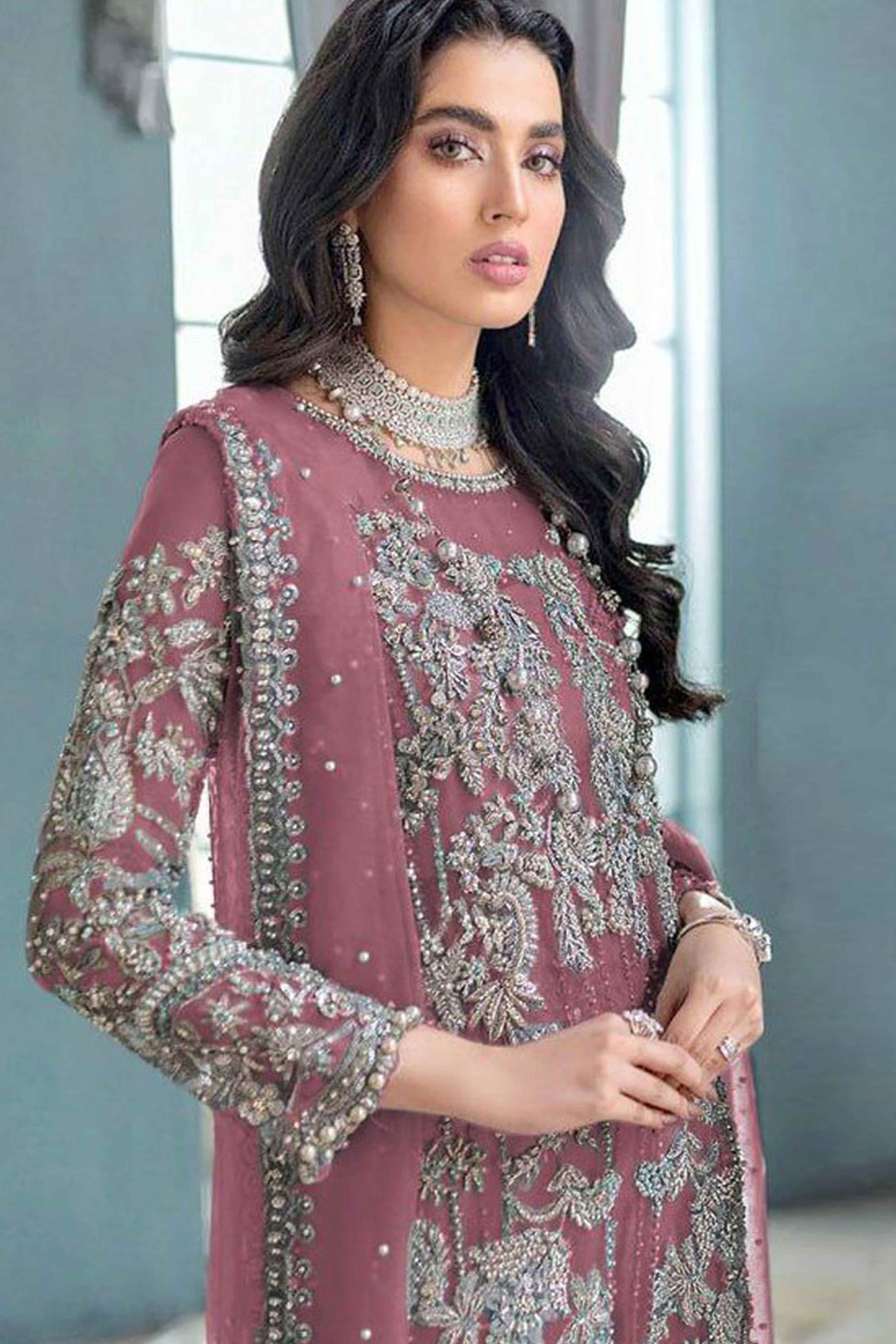 Pink Sequins Embroidered Work Net Dress Material