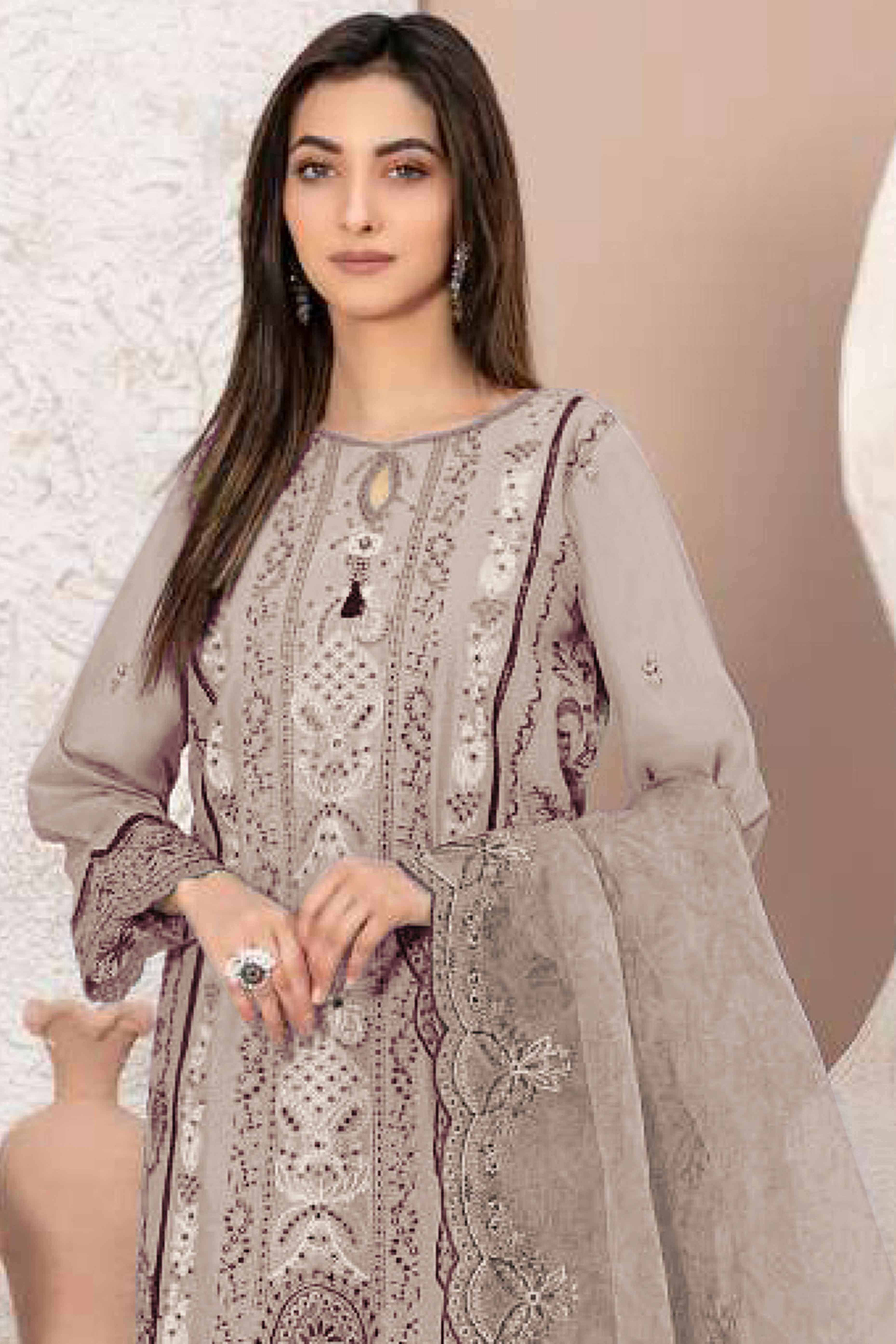 Beige Floral Design Dress Material Crafted from Lightweight Georgette Fabric