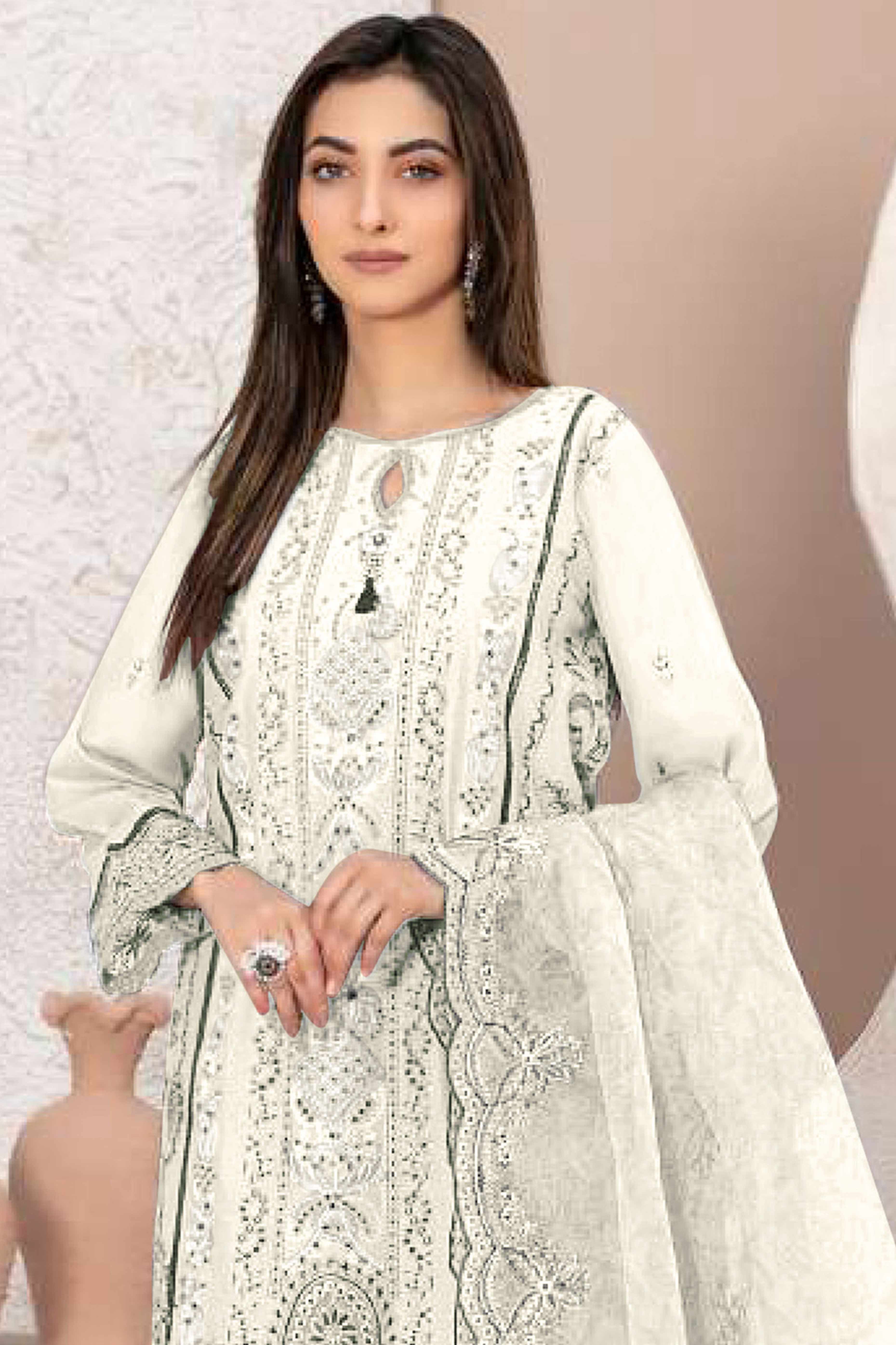 White Floral Design Dress Material Crafted from Lightweight Georgette Fabric