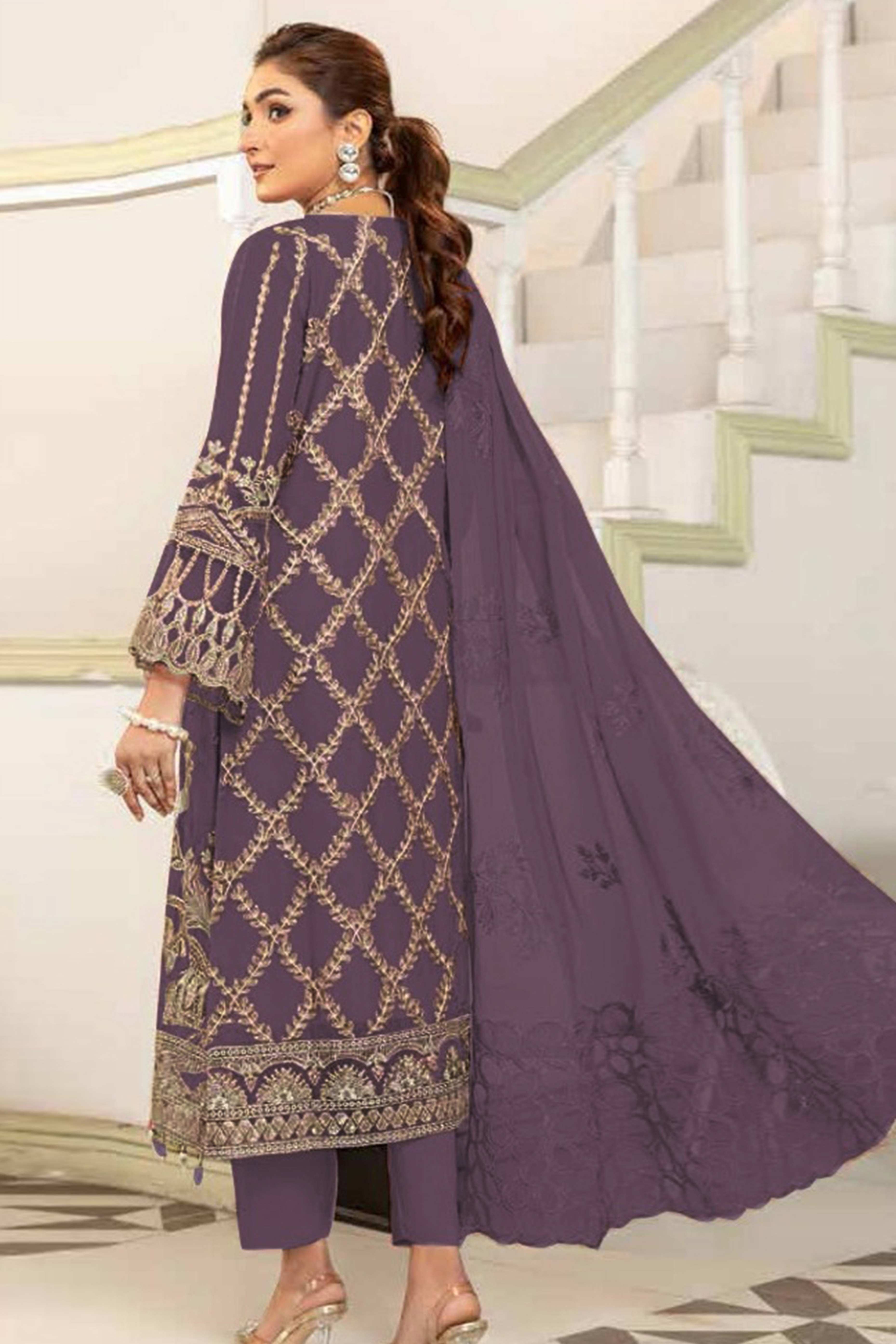 Purple Floral Design Dress Material Crafted from Lightweight Georgette Fabric