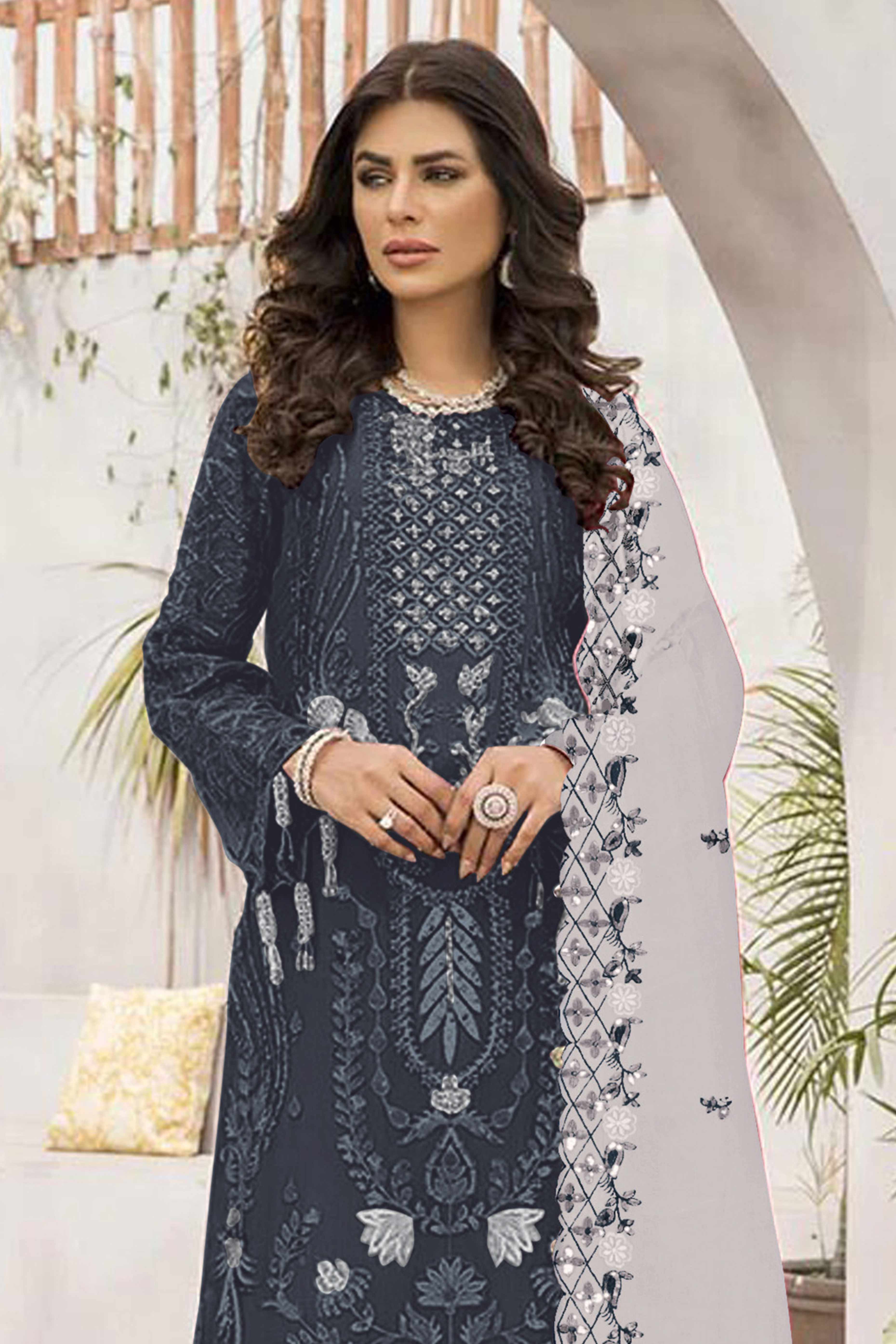 Dark Grey Floral Design Dress Material Crafted from Lightweight Georgette Fabric