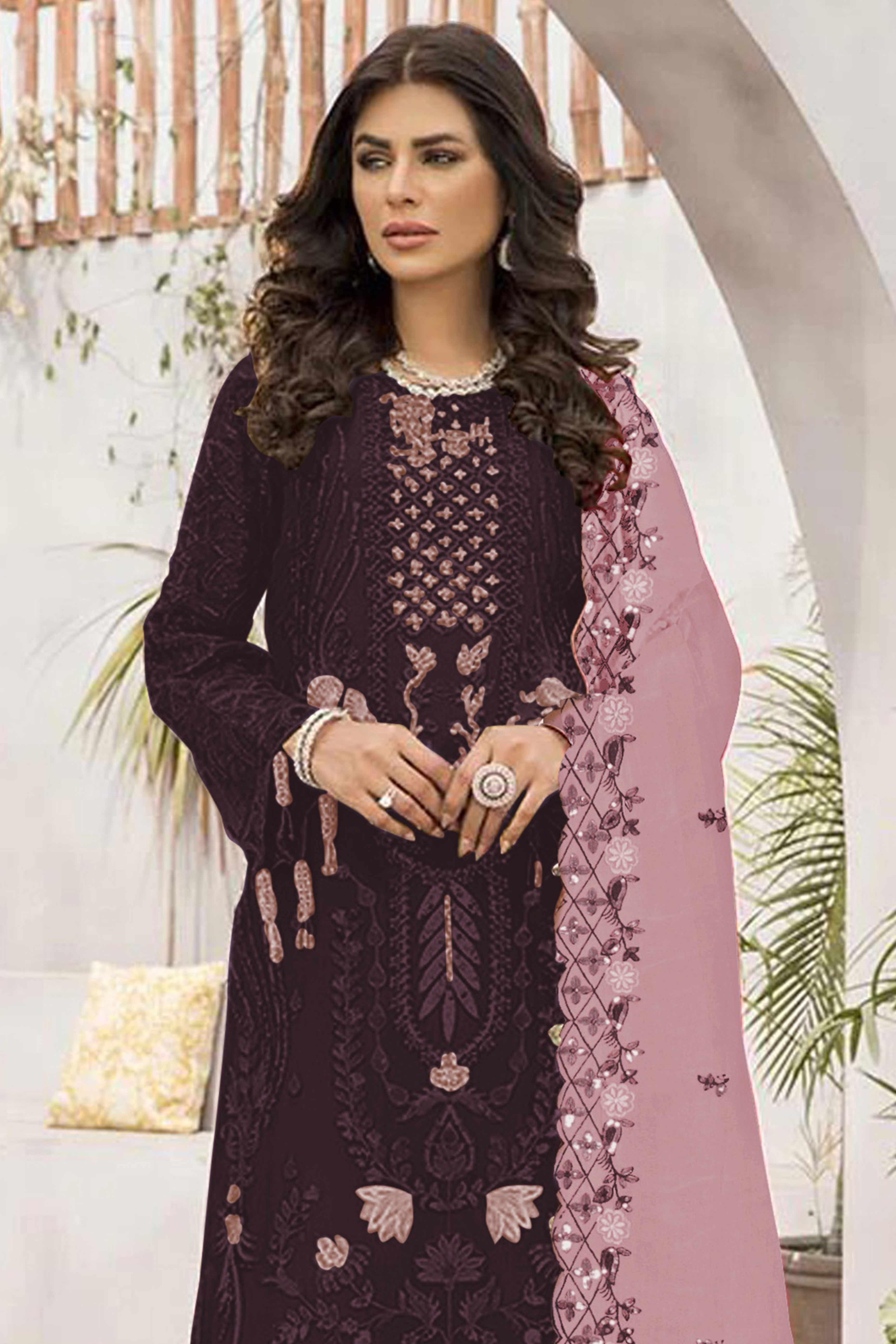 Wine Floral Design Dress Material Crafted from Lightweight Georgette Fabric