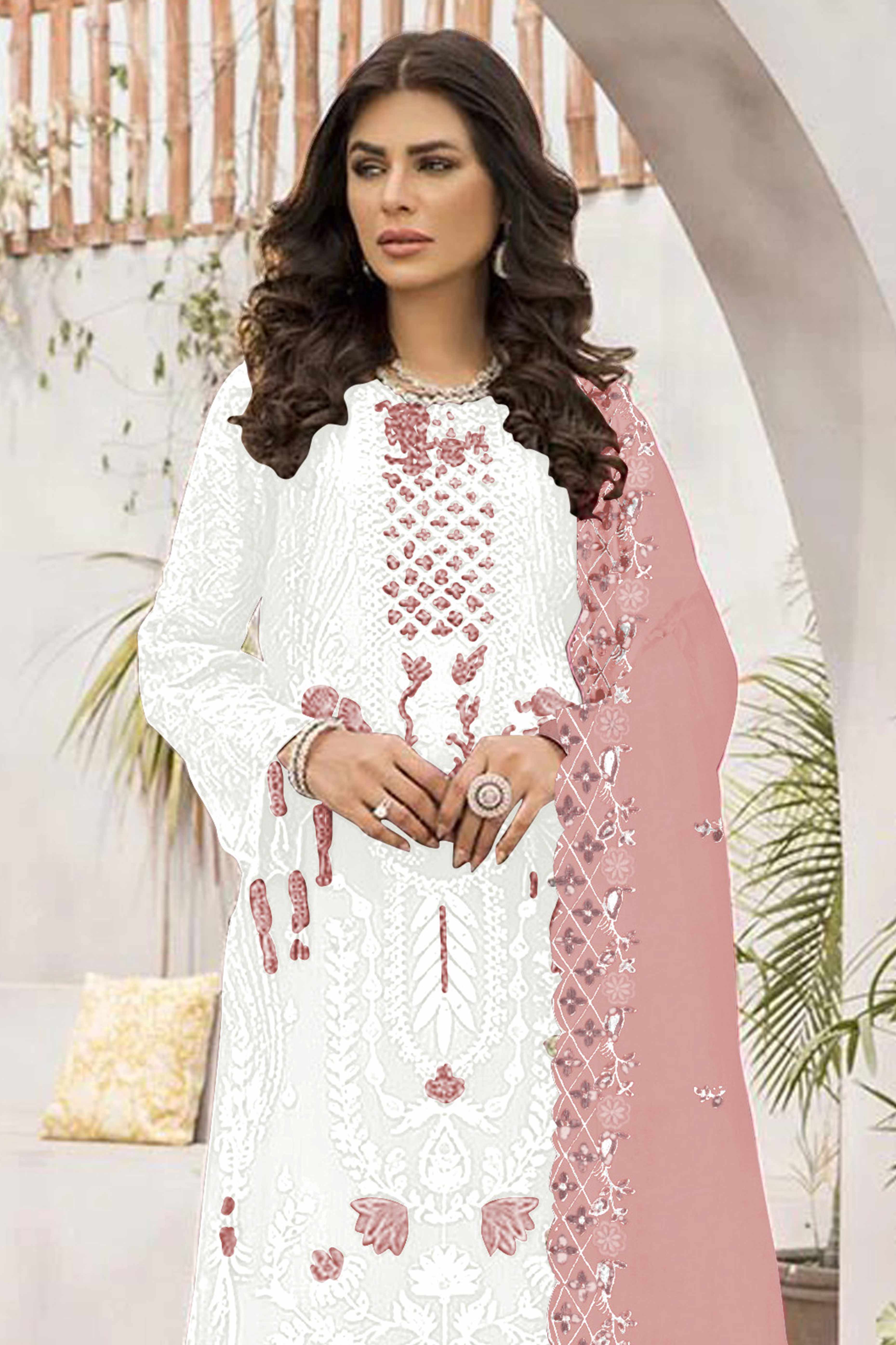White Floral Design Dress Material Crafted from Lightweight Georgette Fabric