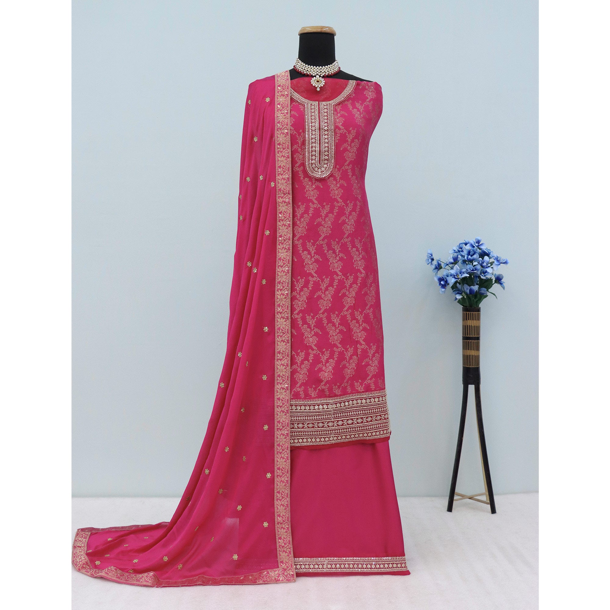 Pink Weaving With Sequins Work Dola Silk Dress Material