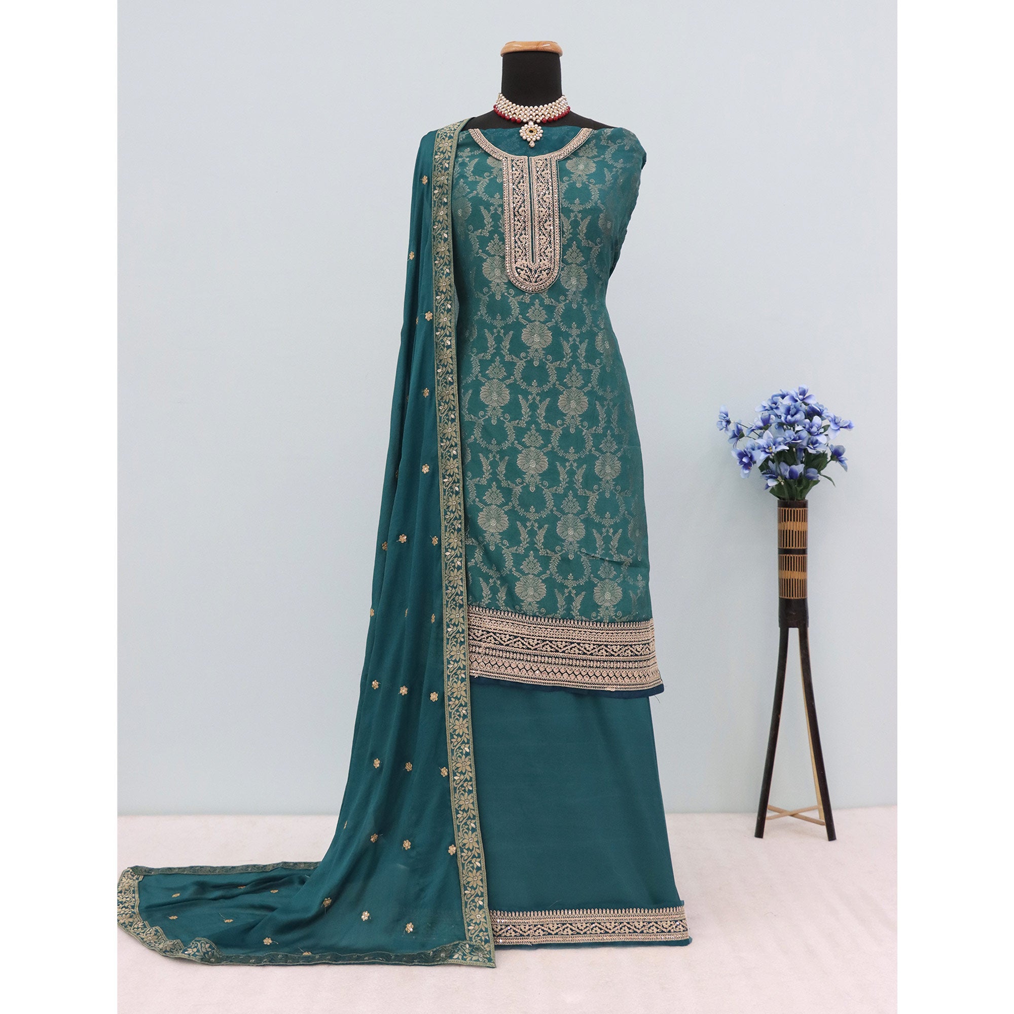 Rama Green Weaving With Sequins Work Dola Silk Dress Material