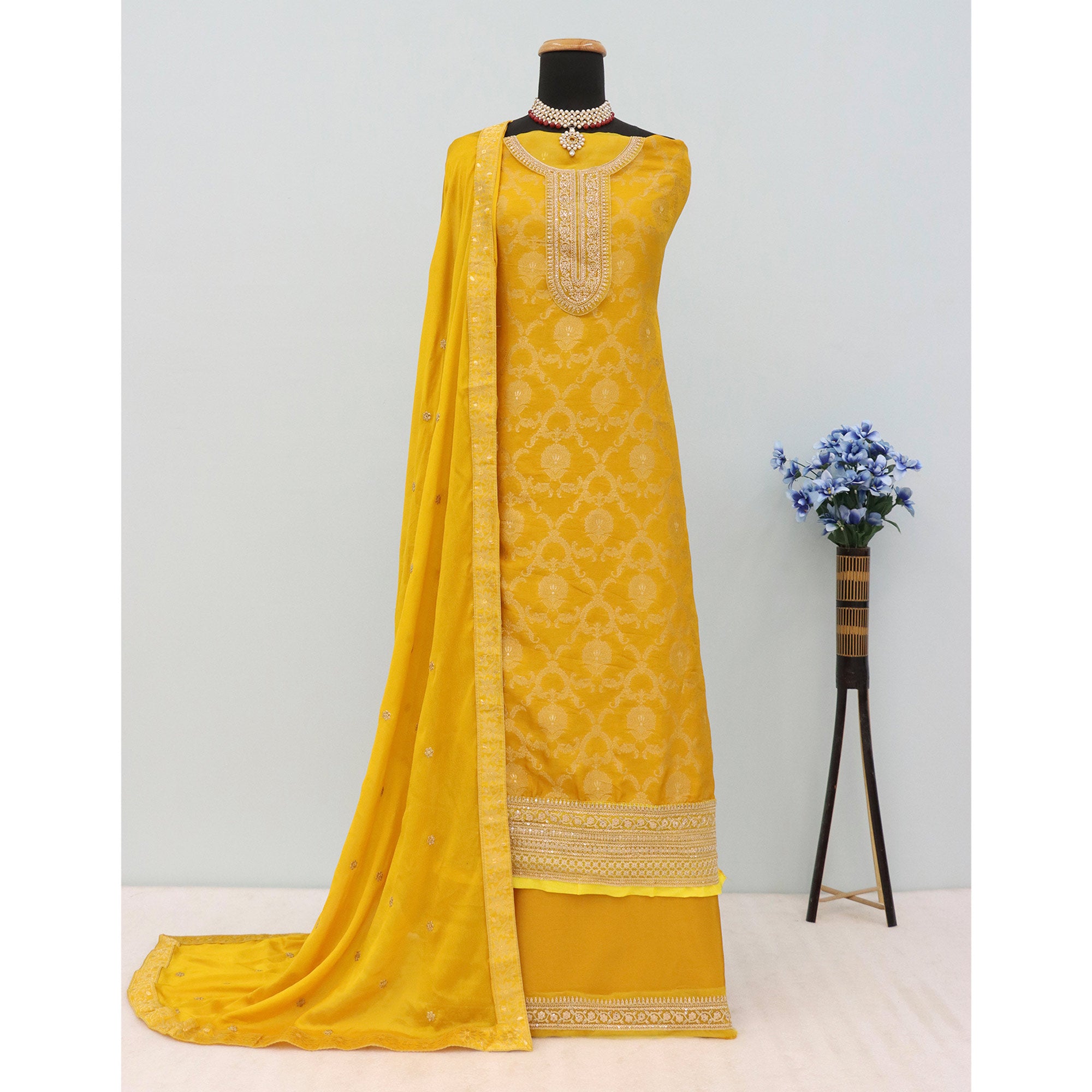 Mustard Weaving With Sequins Work Dola Silk Dress Material