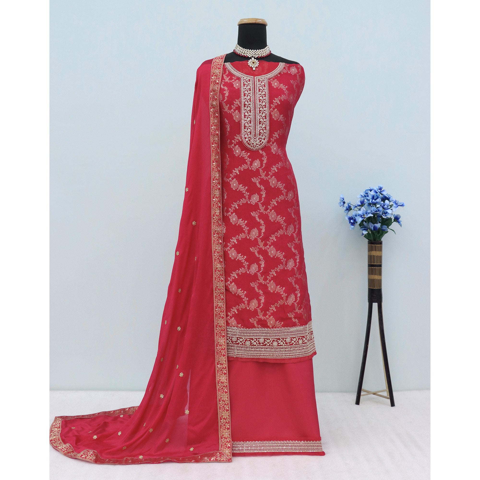 Red Weaving With Sequins Work Dola Silk Dress Material