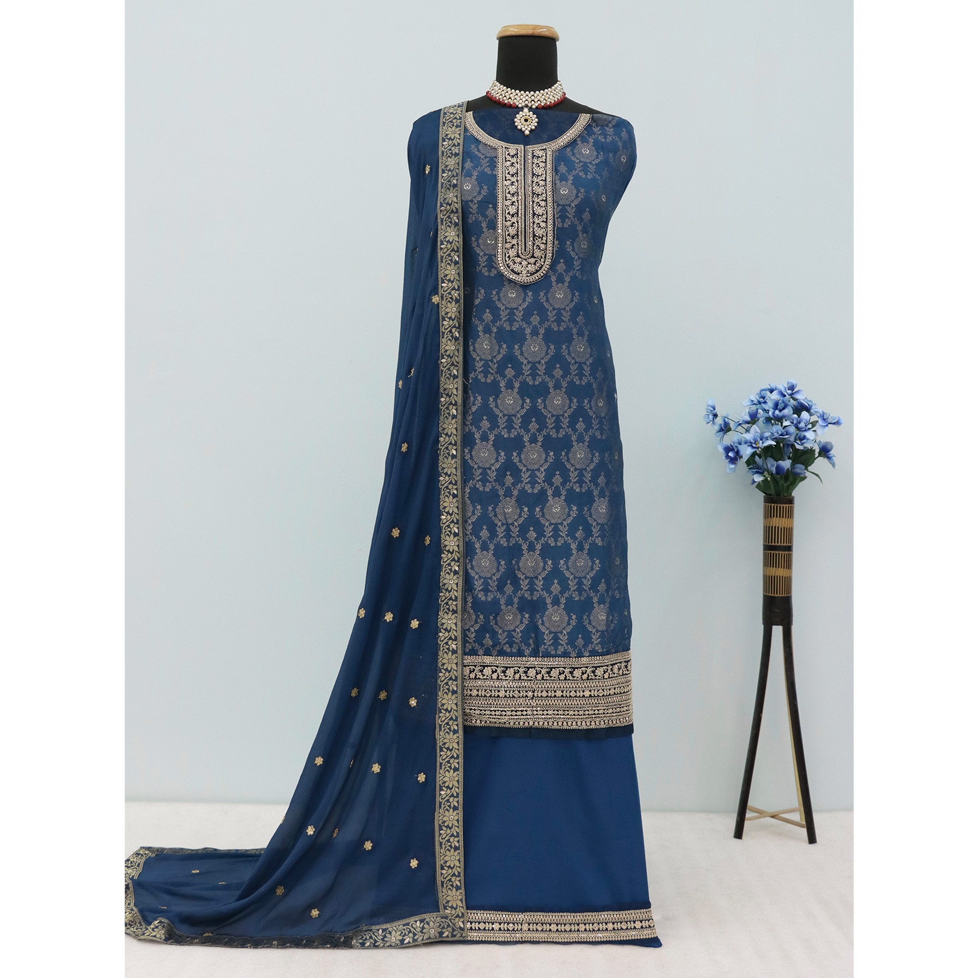 Navy Blue Weaving With Sequins Work Dola Silk Dress Material