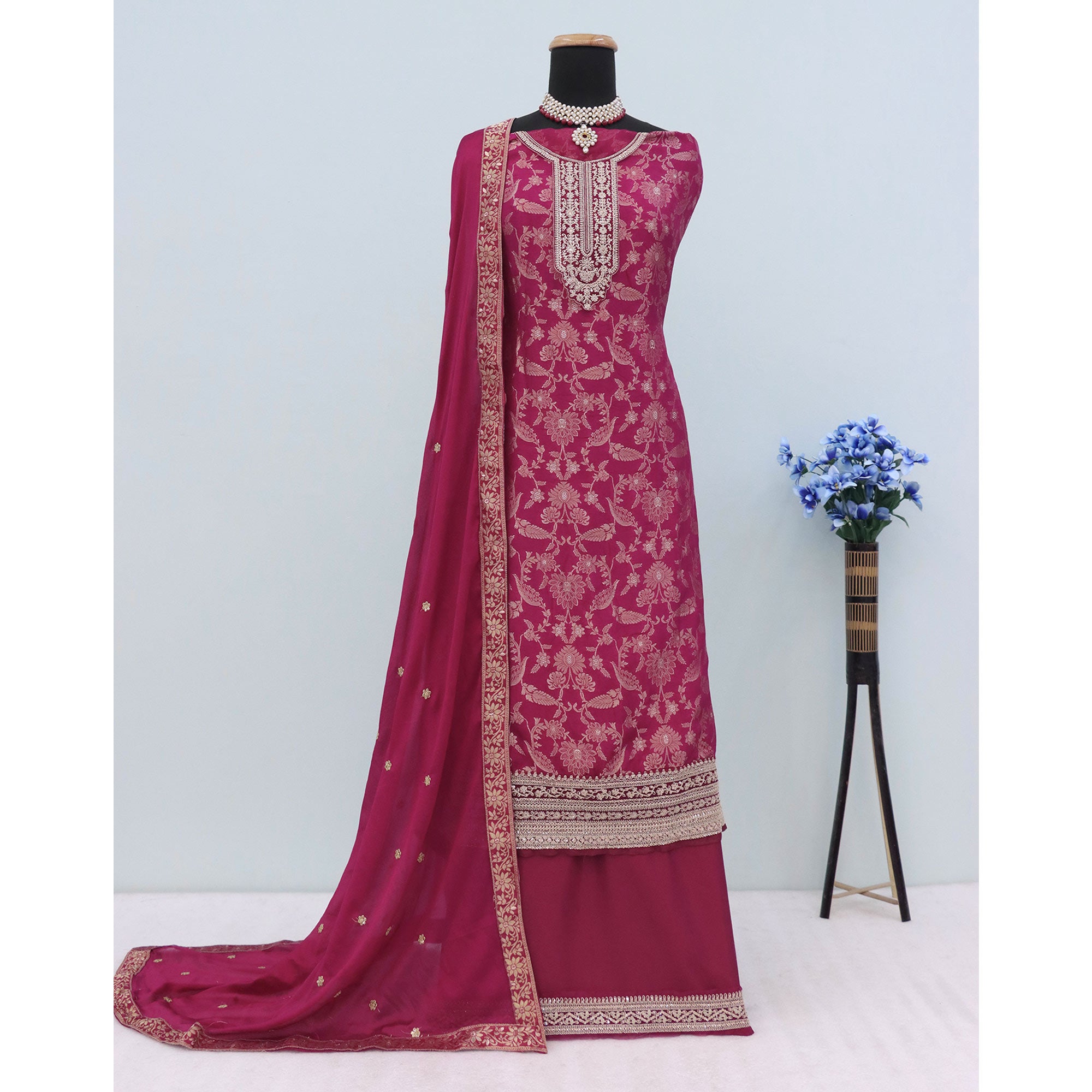 Magenta Weaving With Sequins Work Dola Silk Dress Material