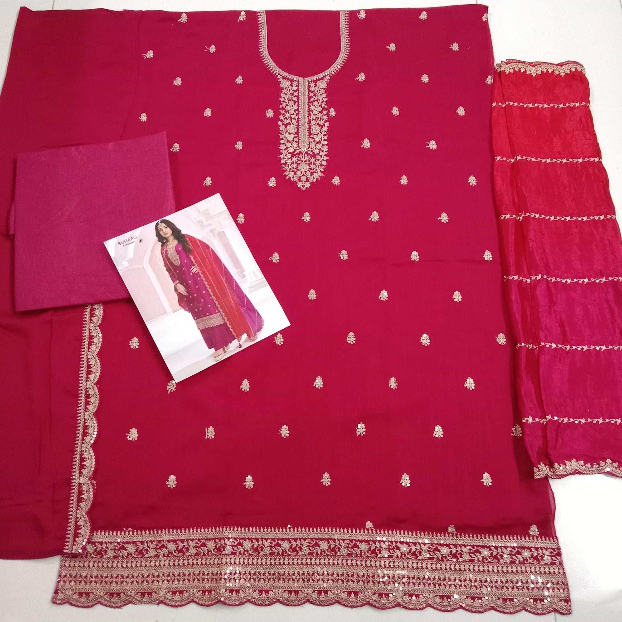 Rani Pink Floral Embroidered Vichitra Silk Dress Material