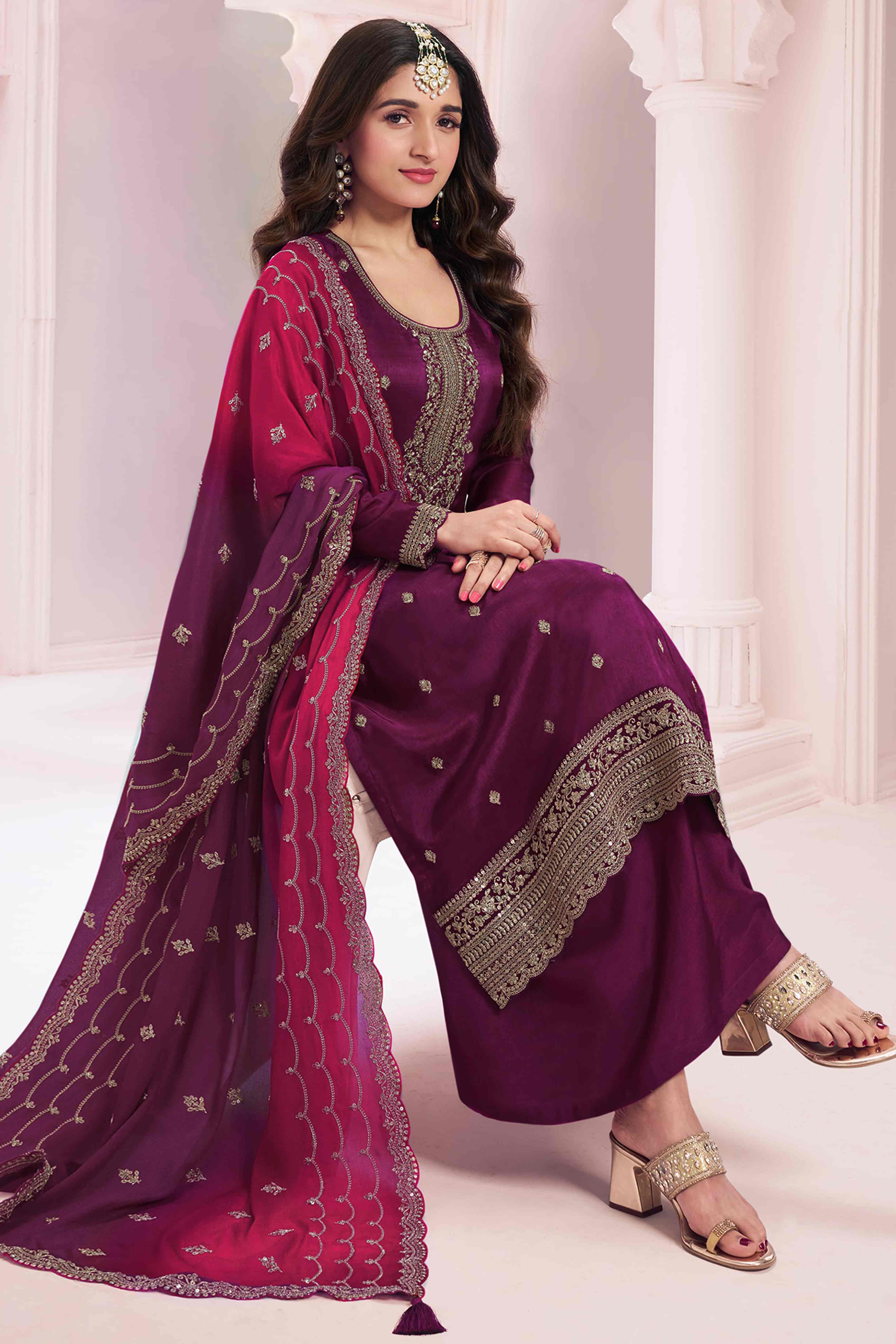 Purple Floral Embroidered Vichitra Silk Dress Material