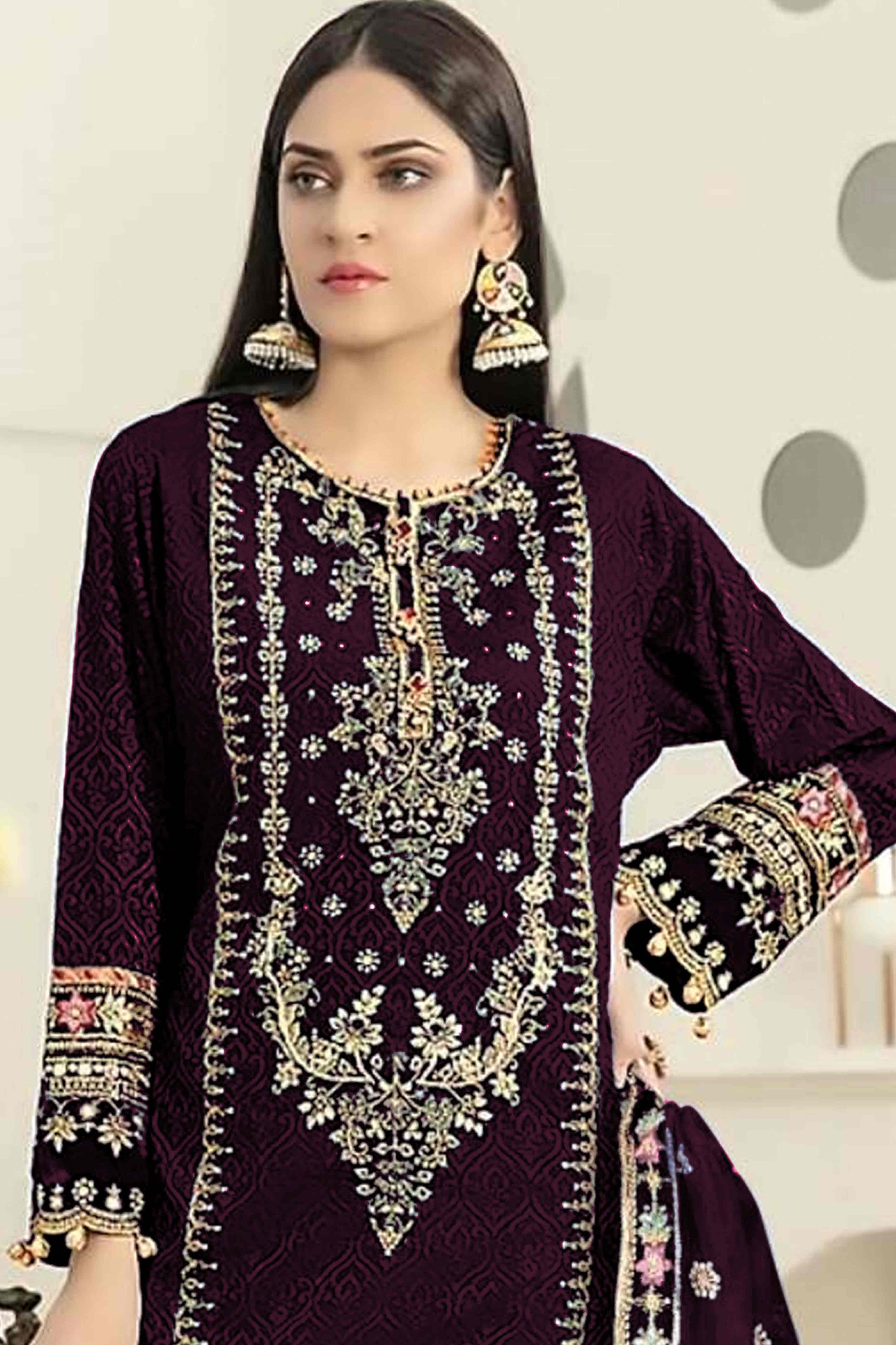 Dark Purple Velvet Dress Material Adorned with Sequins & Thread Embroidery