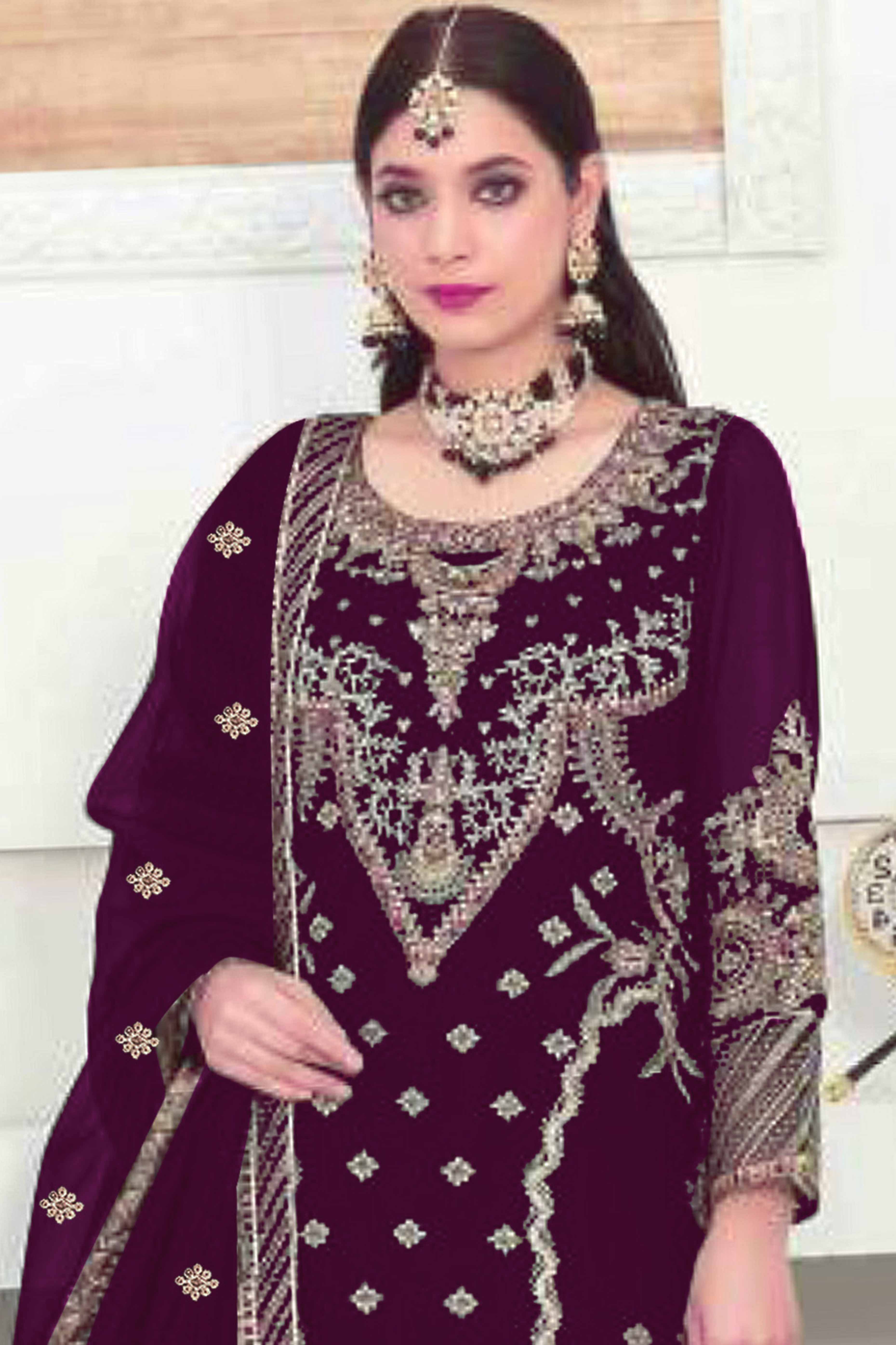 Purple Velvet Dress Material Adorned with Sequins & Thread Embroidery