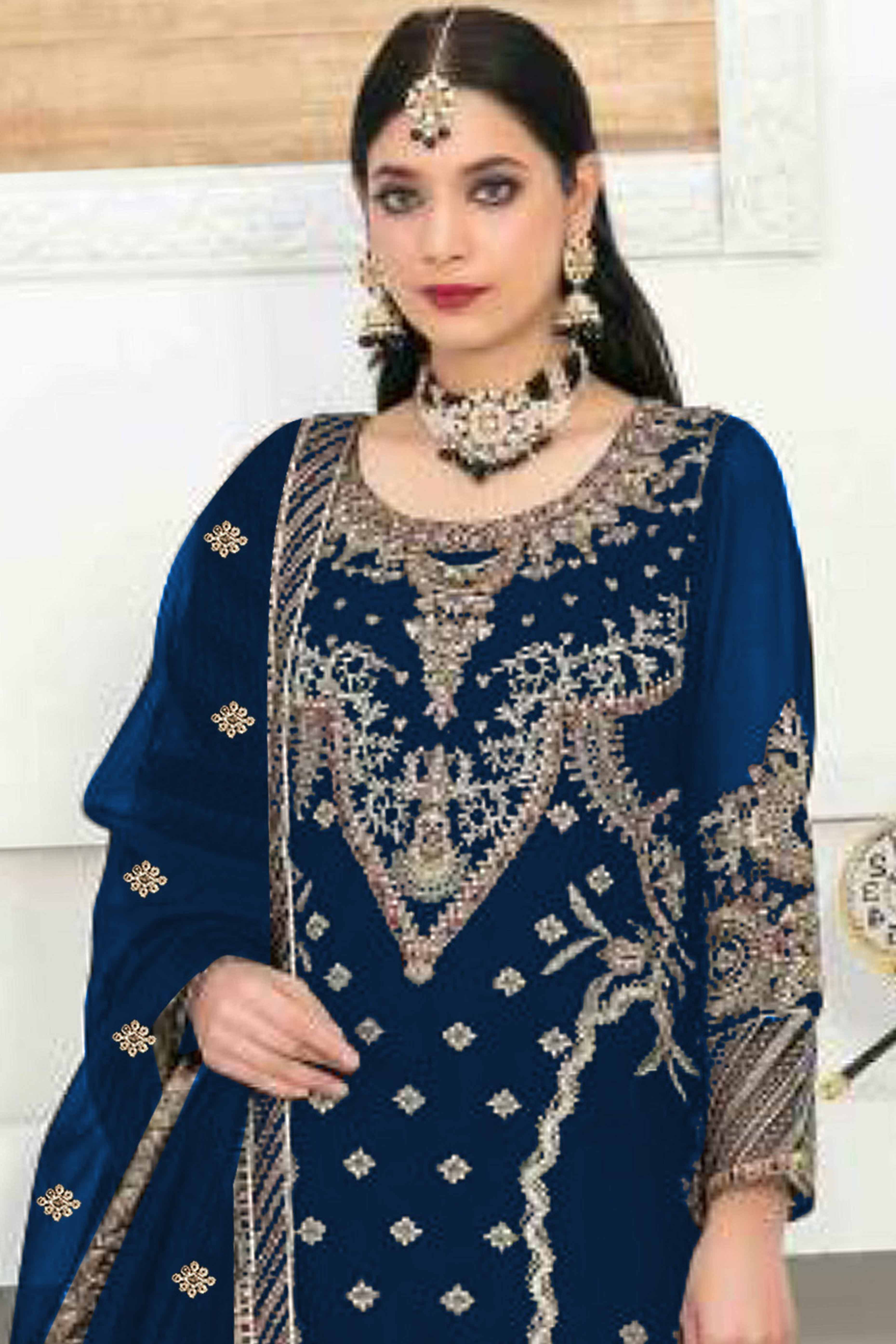 Royal Blue Velvet Dress Material Adorned with Sequins & Thread Embroidery