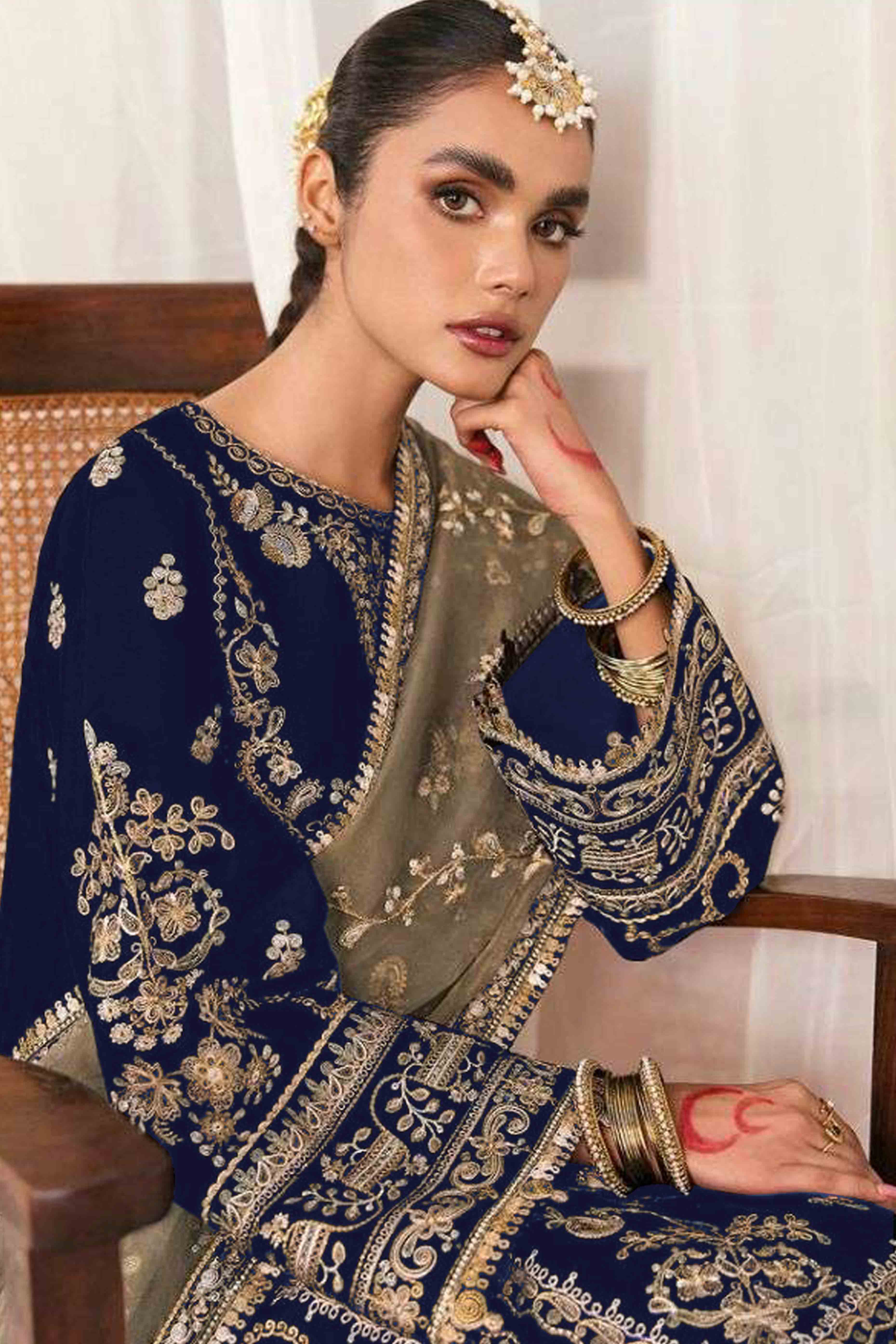 Navy Blue Velvet Dress Material Adorned with Sequins & Thread Embroidery