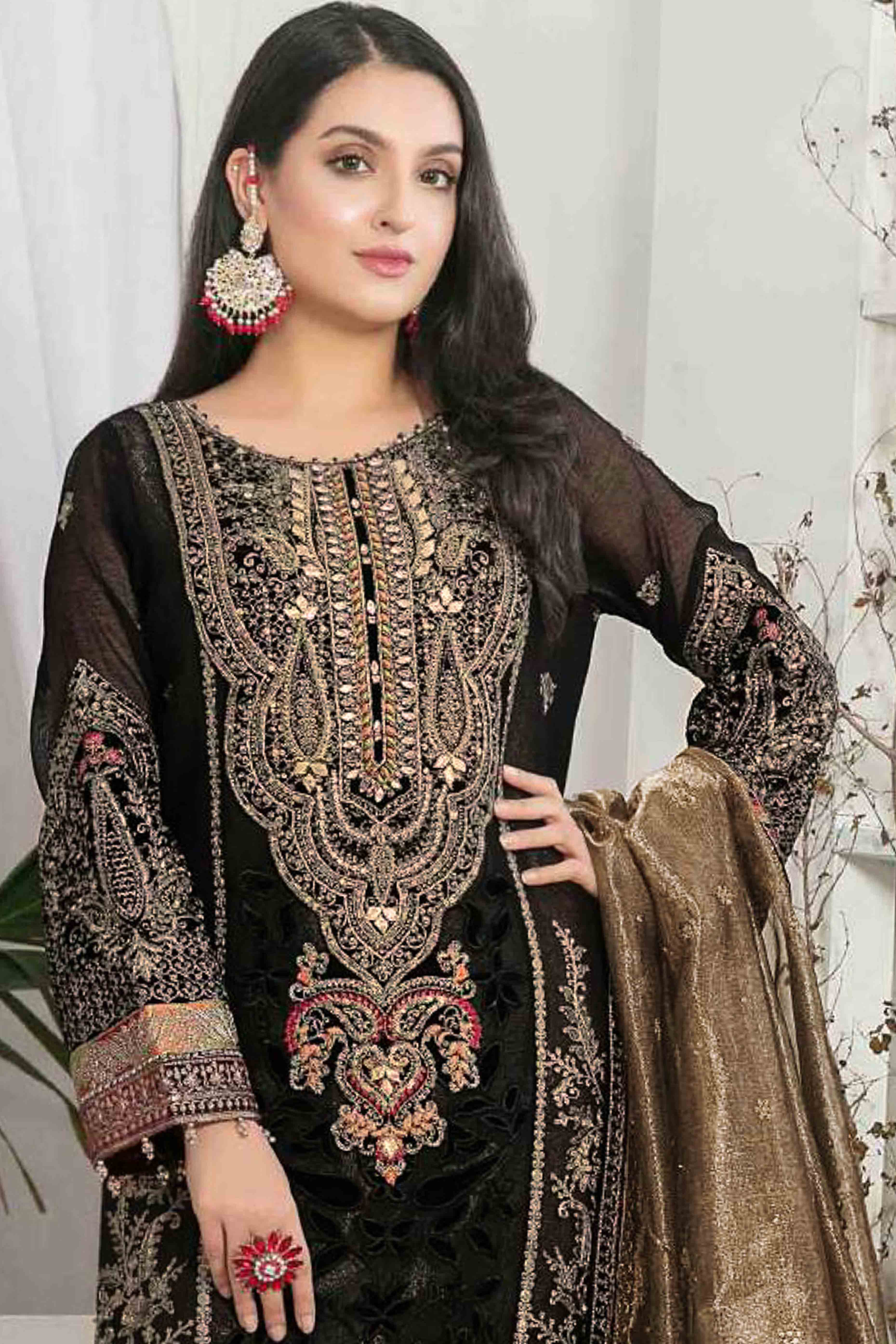 Black Velvet Dress Material Adorned with Sequins & Thread Embroidery