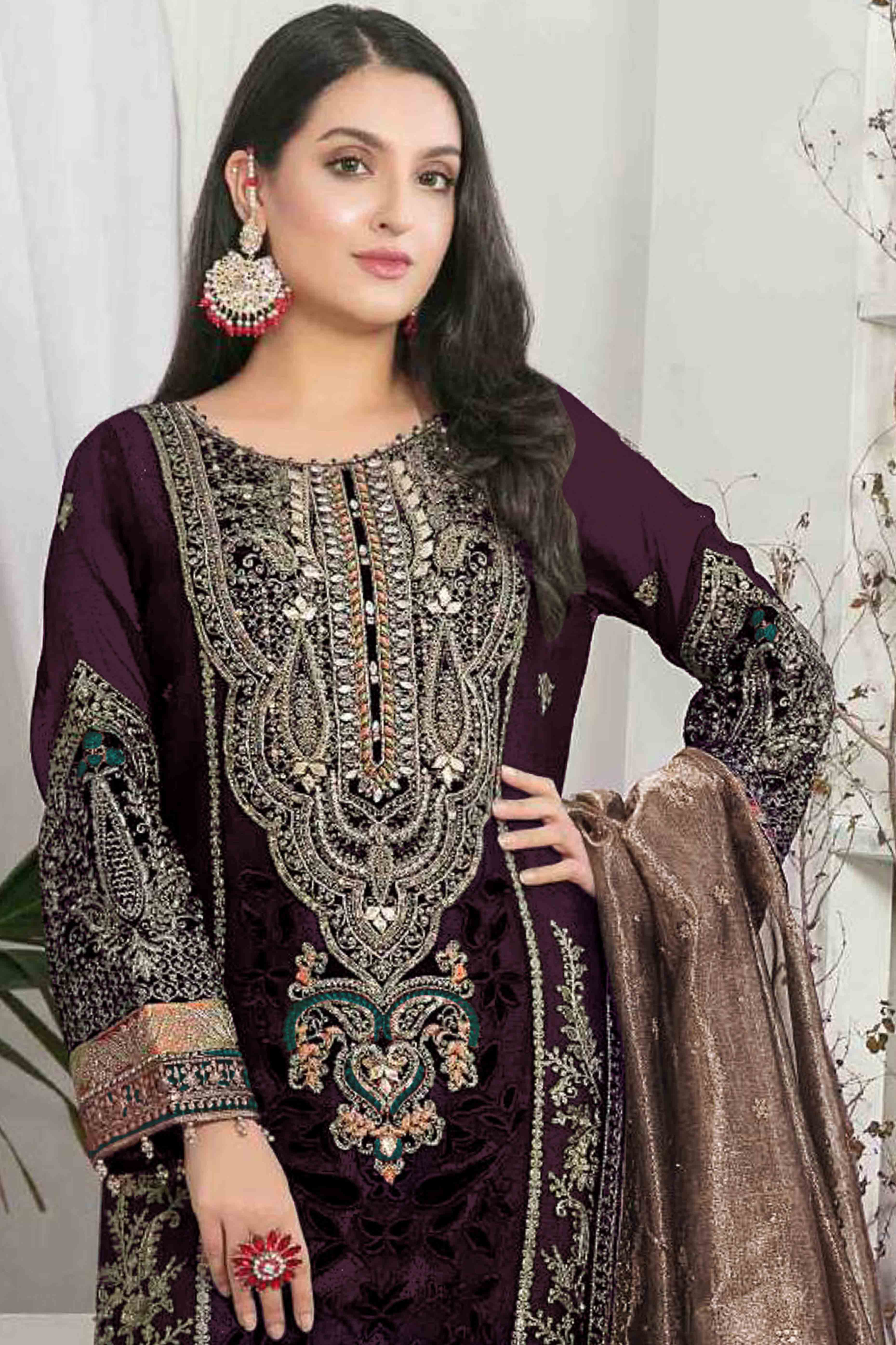 Purple Velvet Dress Material Adorned with Sequins & Thread Embroidery