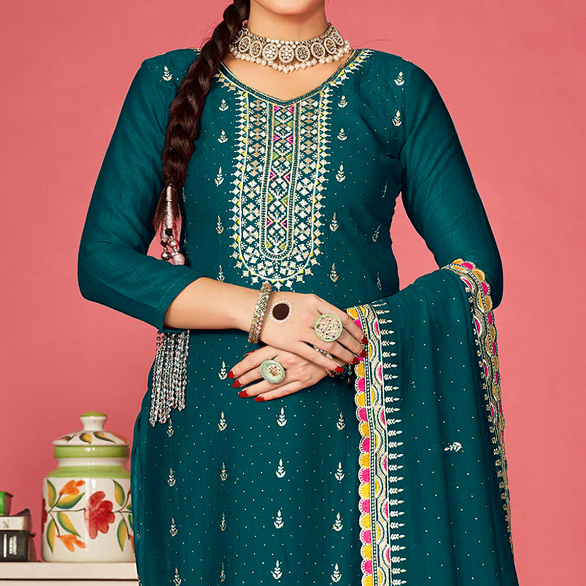 Teal Floral Embroidered Vichitra Silk Dress Material