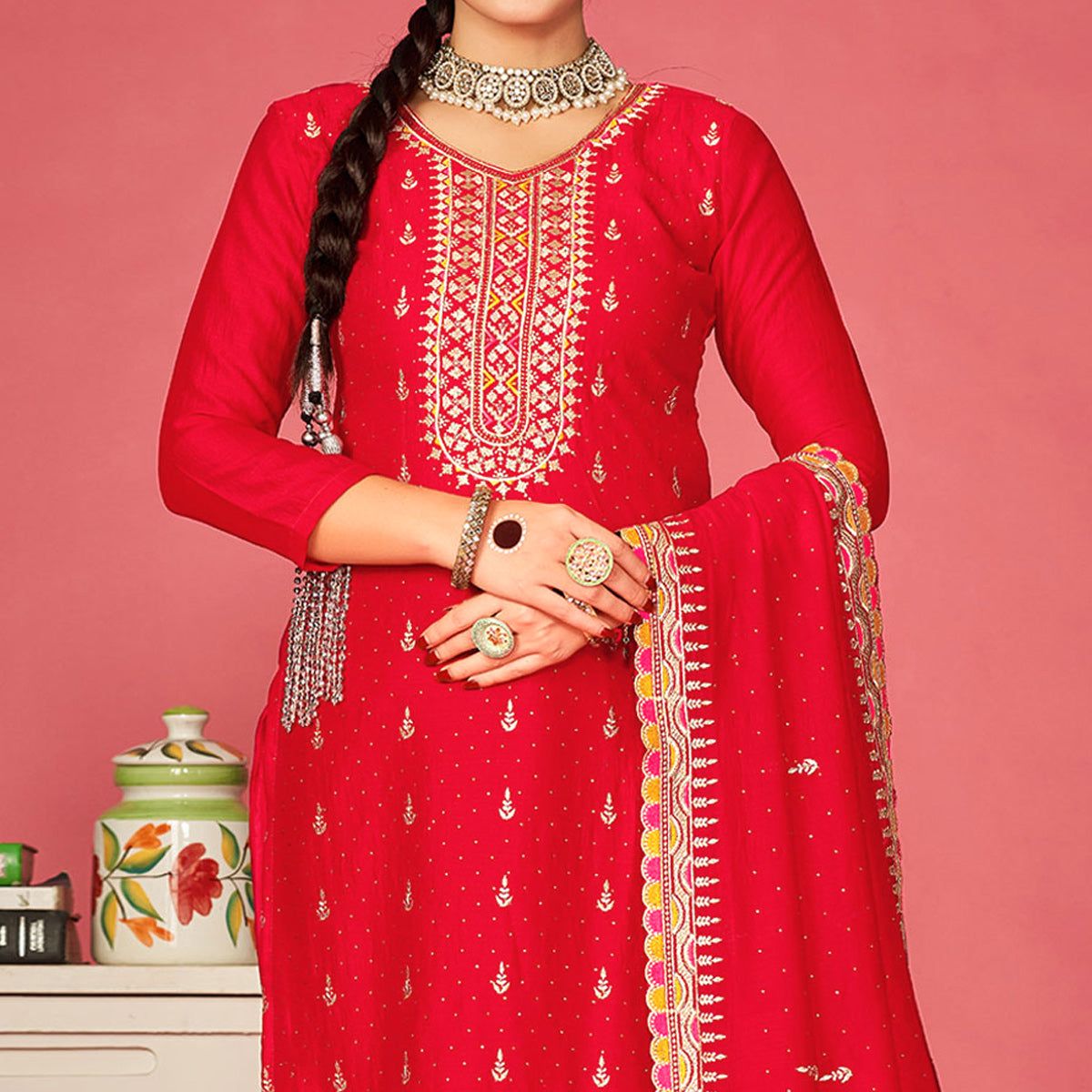 Red Floral Embroidered Vichitra Silk Dress Material