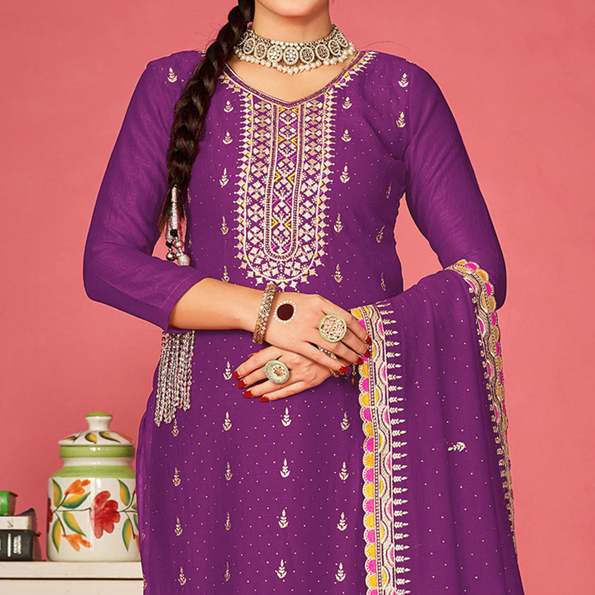 Purple Floral Embroidered Vichitra Silk Dress Material