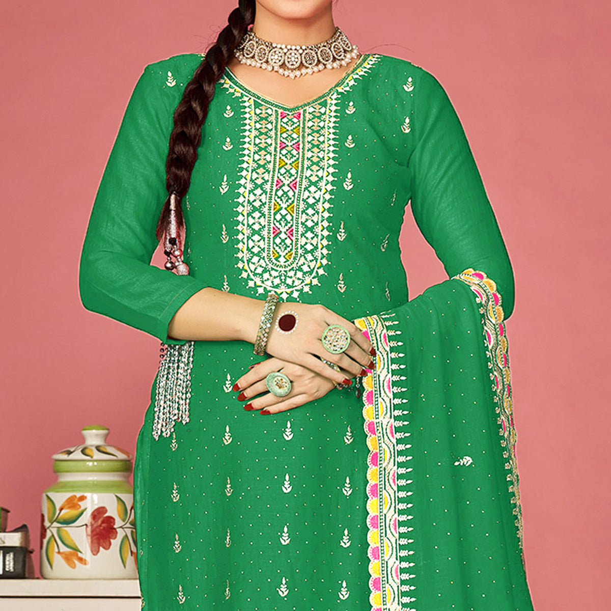 Green Floral Embroidered Vichitra Silk Dress Material