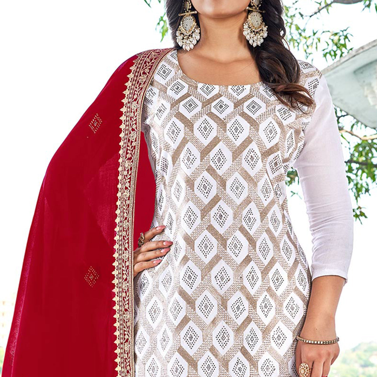 White & Red Embroidered With Swarovski Vichitra Silk Dress Material